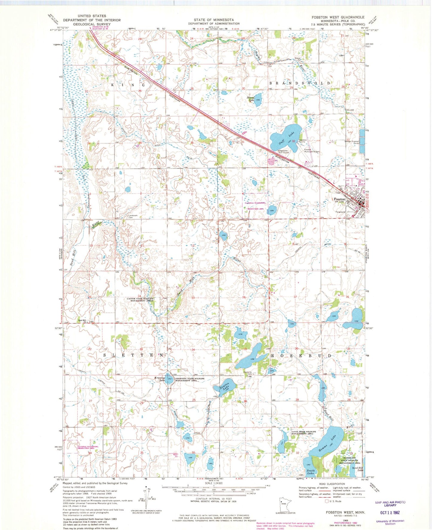 Classic USGS Fosston West Minnesota 7.5'x7.5' Topo Map Image