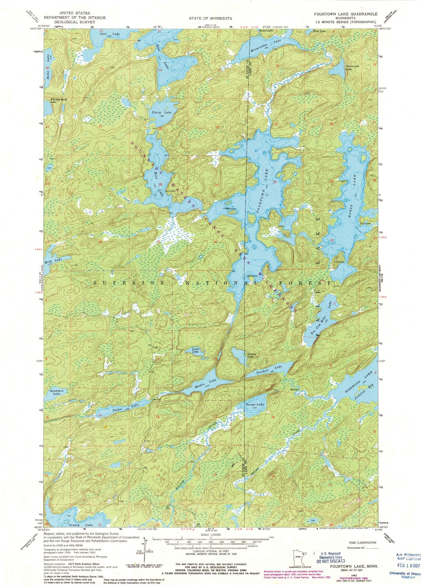 Classic USGS Fourtown Lake Minnesota 7.5'x7.5' Topo Map Image