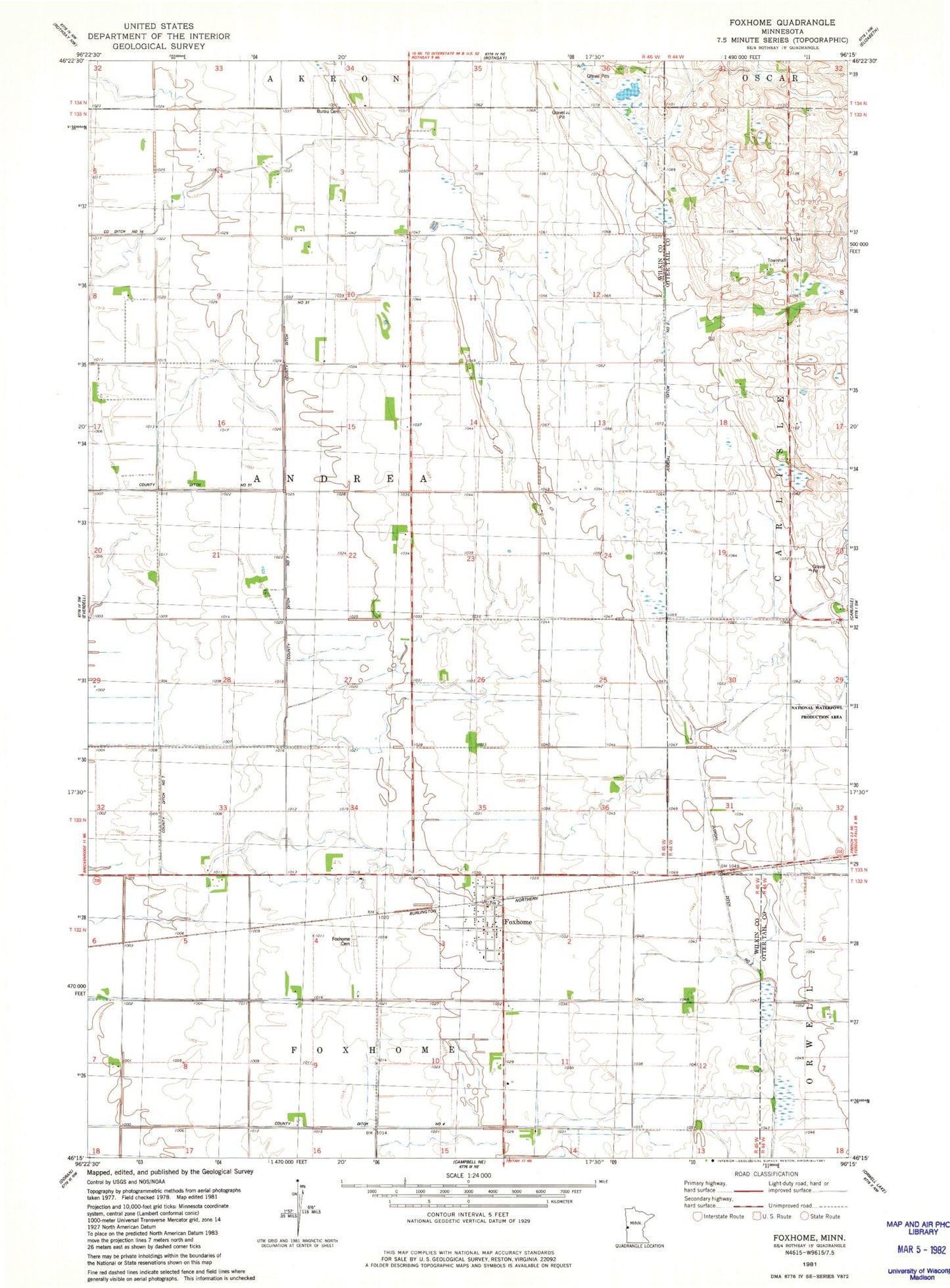 Classic USGS Foxhome Minnesota 7.5'x7.5' Topo Map Image