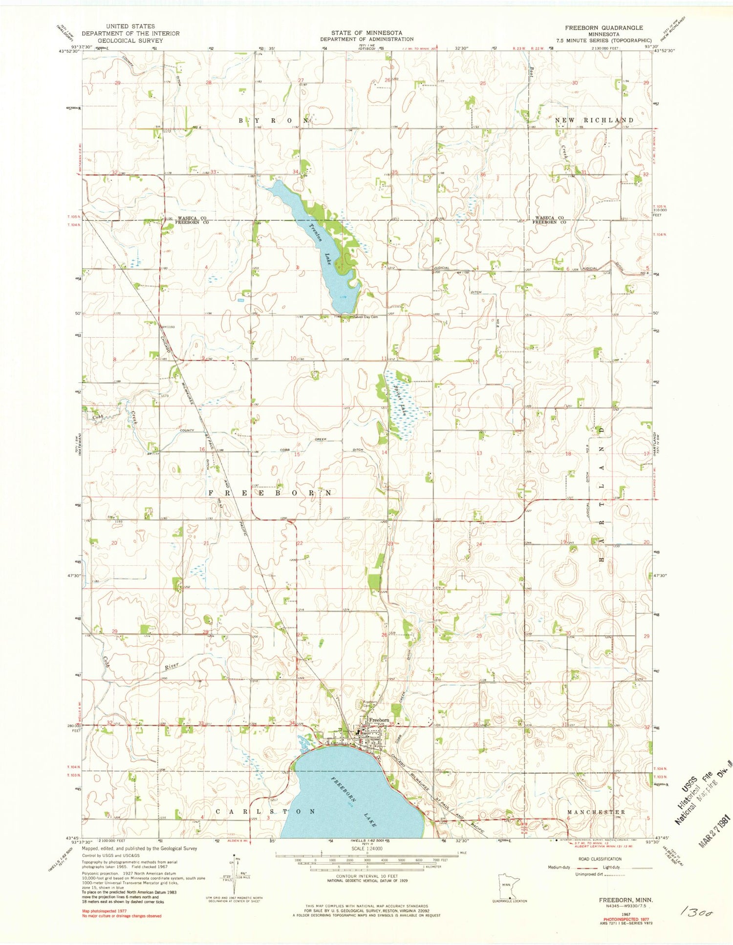 Classic USGS Freeborn Minnesota 7.5'x7.5' Topo Map Image