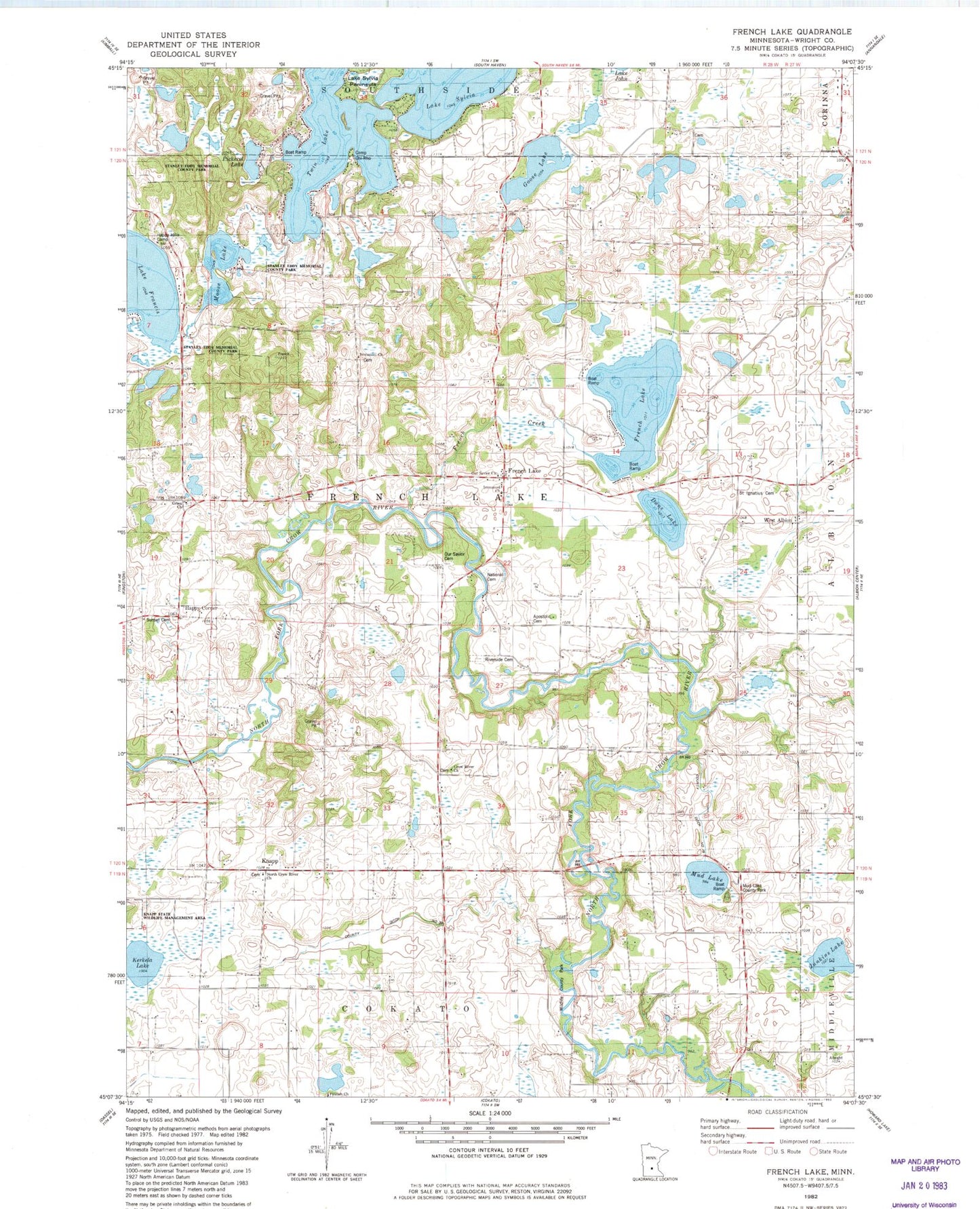 Classic USGS French Lake Minnesota 7.5'x7.5' Topo Map Image