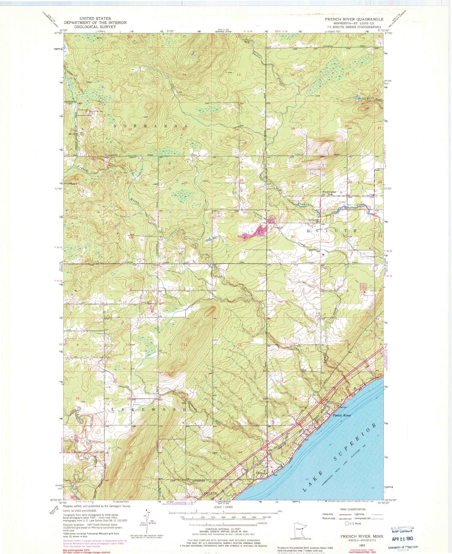 Classic USGS French River Minnesota 7.5'x7.5' Topo Map Image