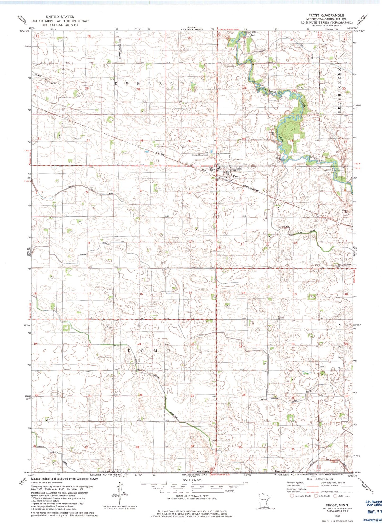 Classic USGS Frost Minnesota 7.5'x7.5' Topo Map Image