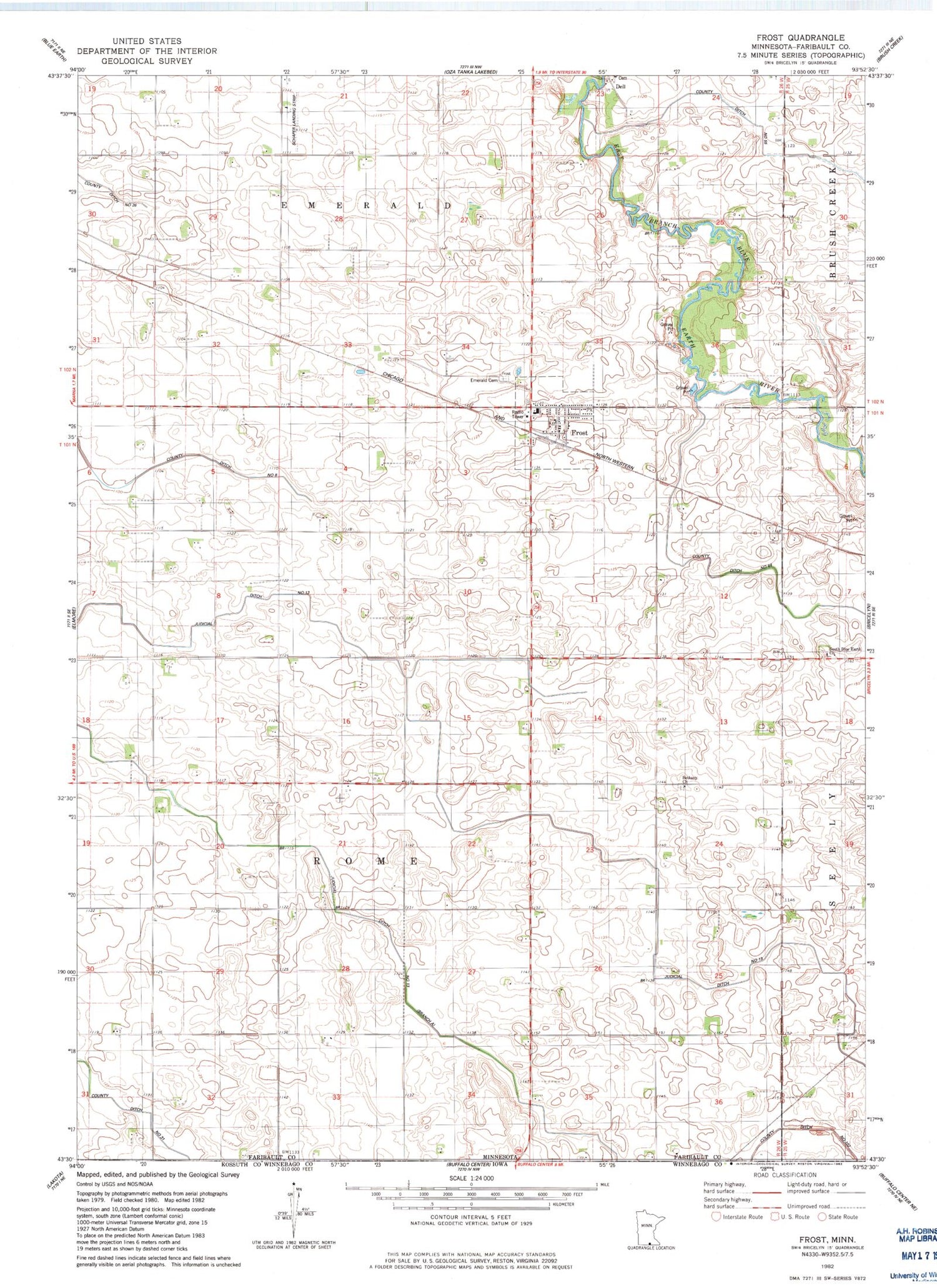 Classic USGS Frost Minnesota 7.5'x7.5' Topo Map Image