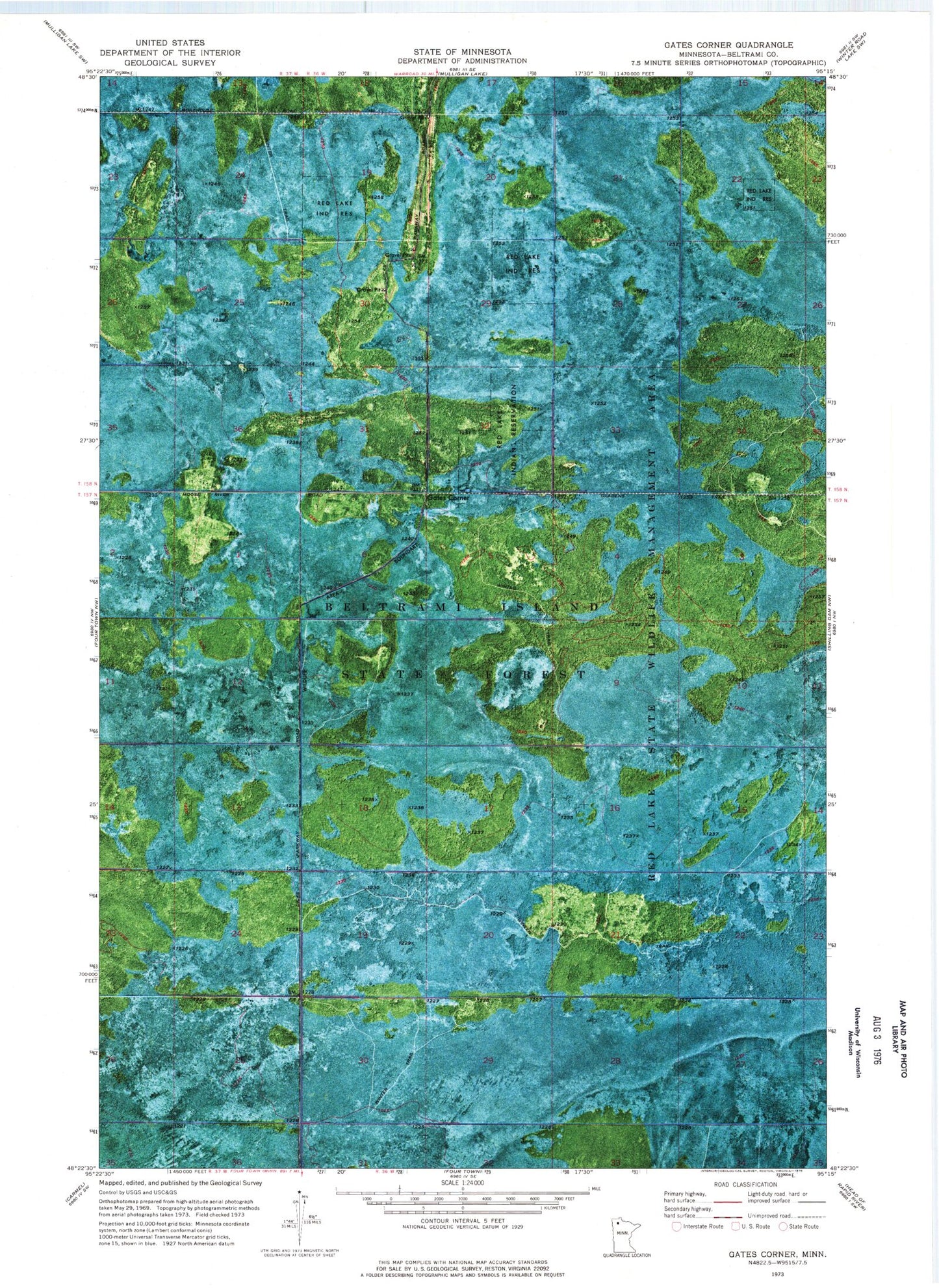 Classic USGS Gates Corner Minnesota 7.5'x7.5' Topo Map Image