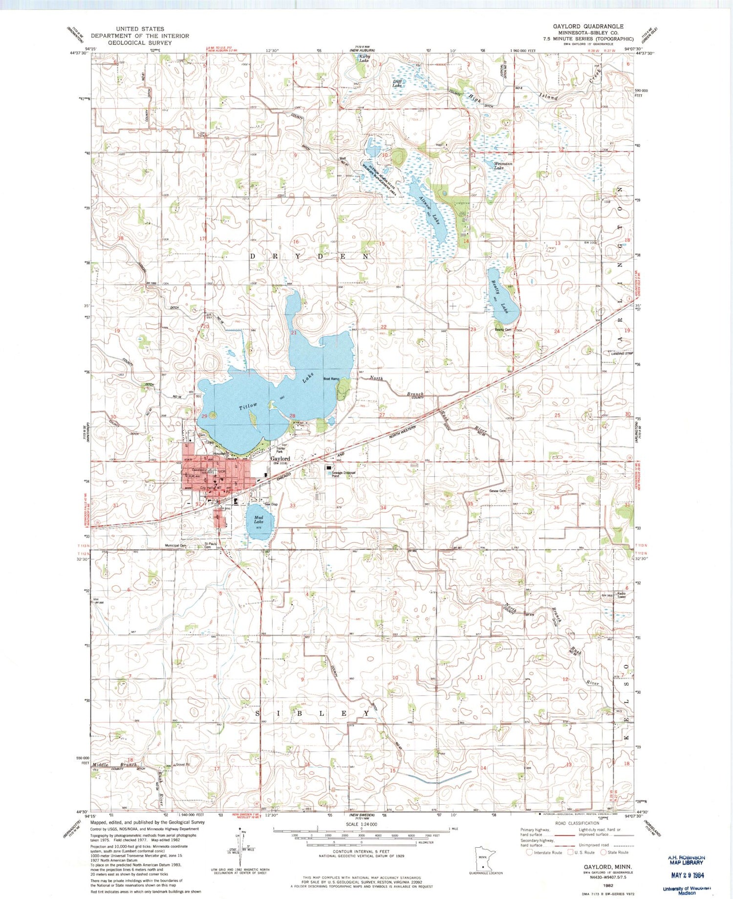 Classic USGS Gaylord Minnesota 7.5'x7.5' Topo Map Image