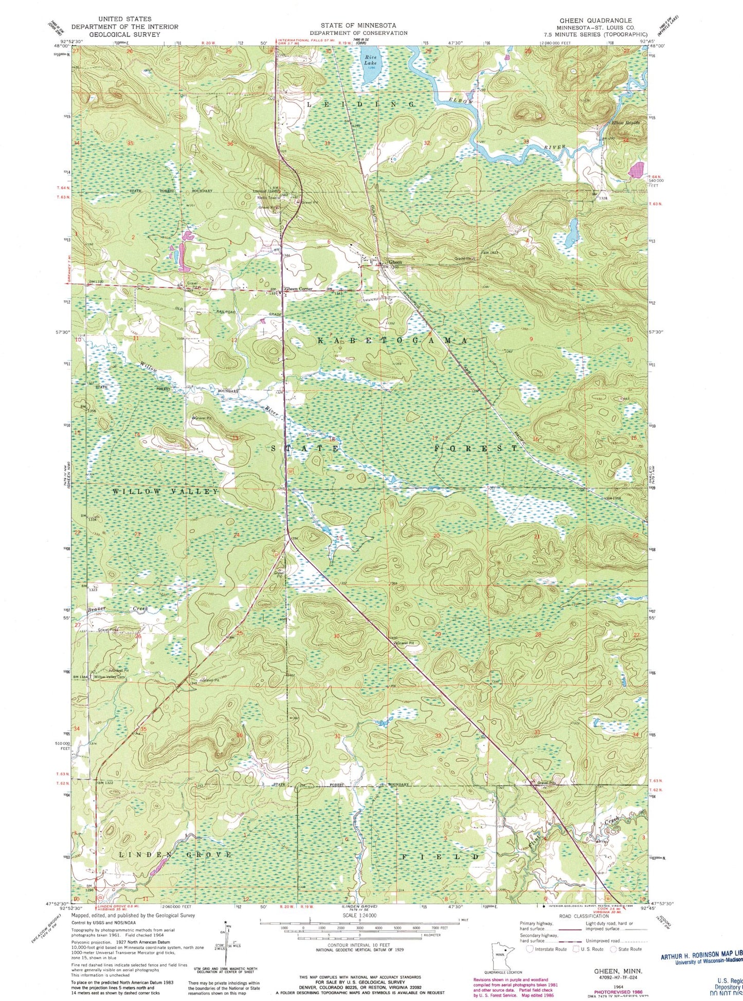 Classic USGS Gheen Minnesota 7.5'x7.5' Topo Map Image