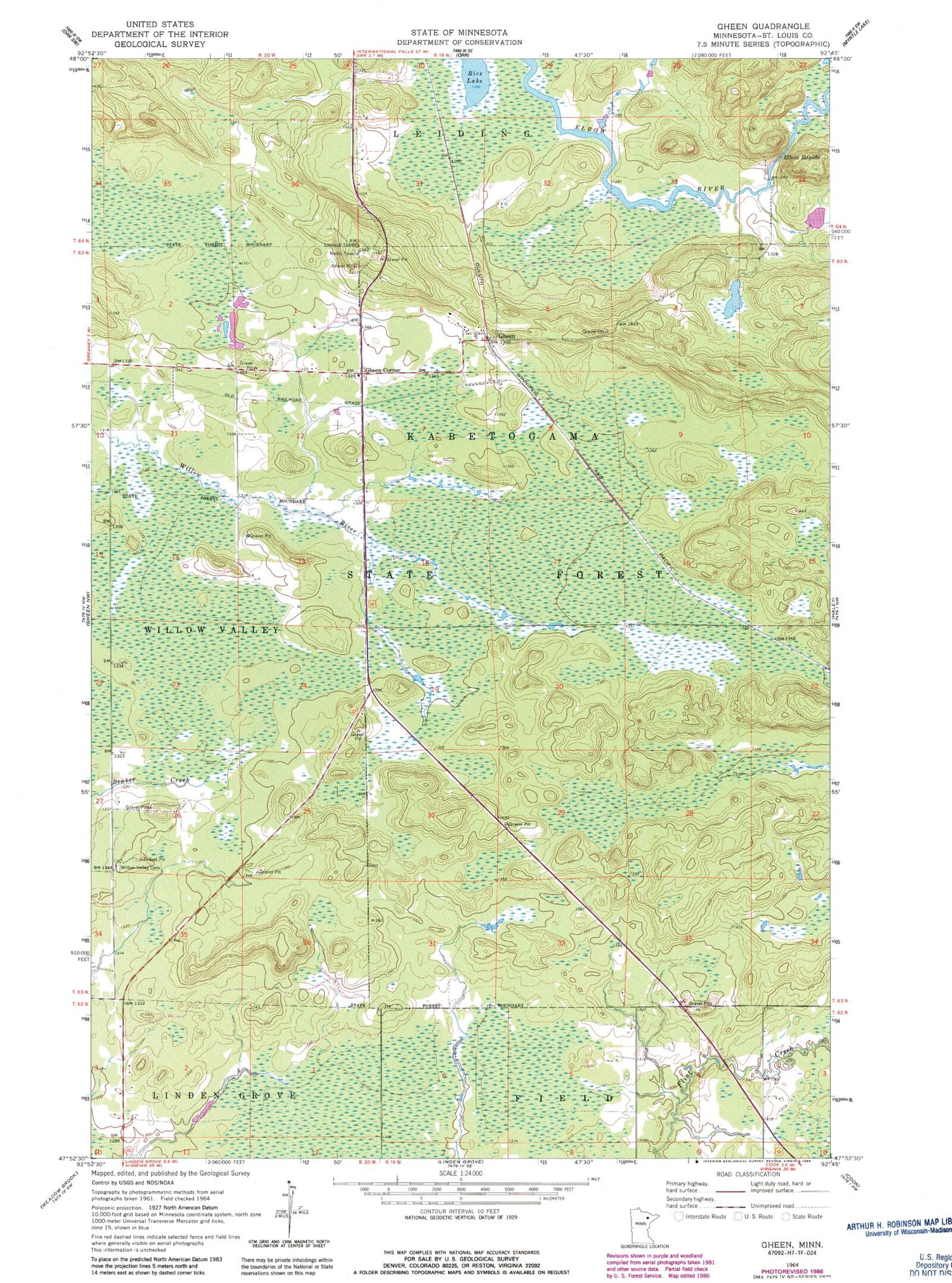 Classic USGS Gheen Minnesota 7.5'x7.5' Topo Map Image