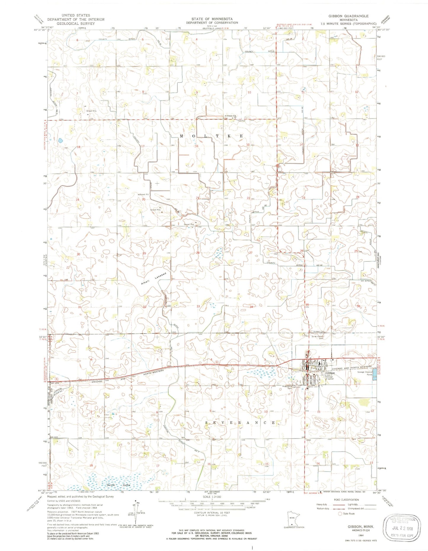 Classic USGS Gibbon Minnesota 7.5'x7.5' Topo Map Image