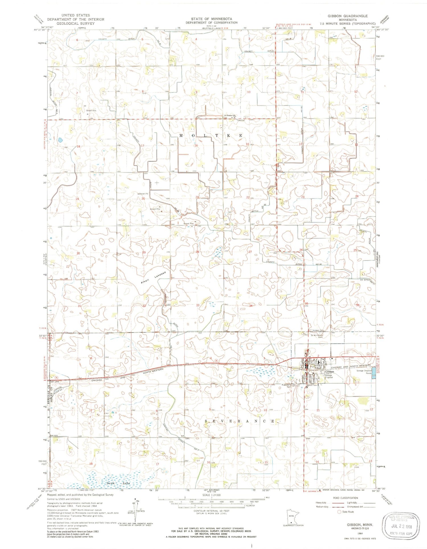 Classic USGS Gibbon Minnesota 7.5'x7.5' Topo Map Image