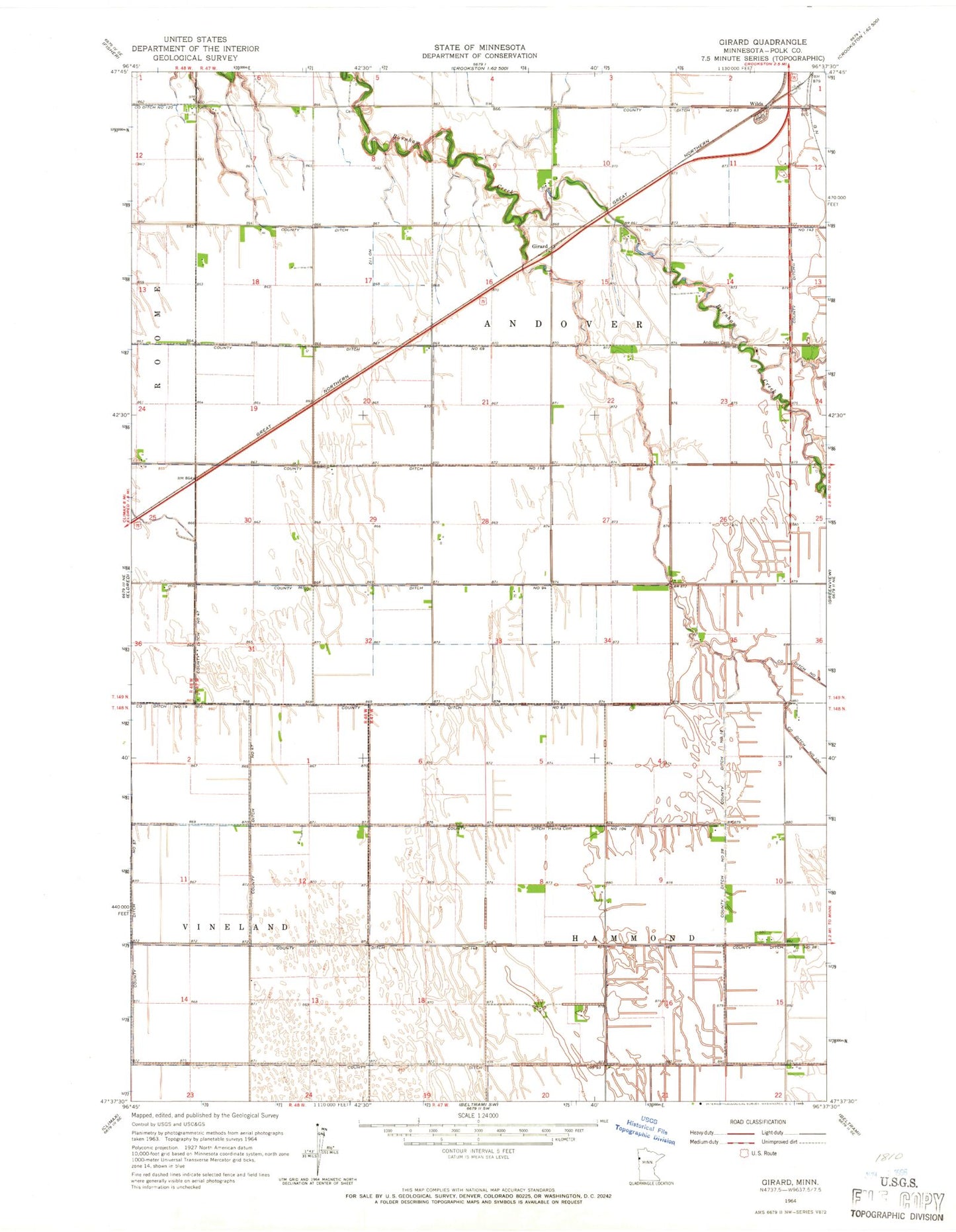 Classic USGS Girard Minnesota 7.5'x7.5' Topo Map Image