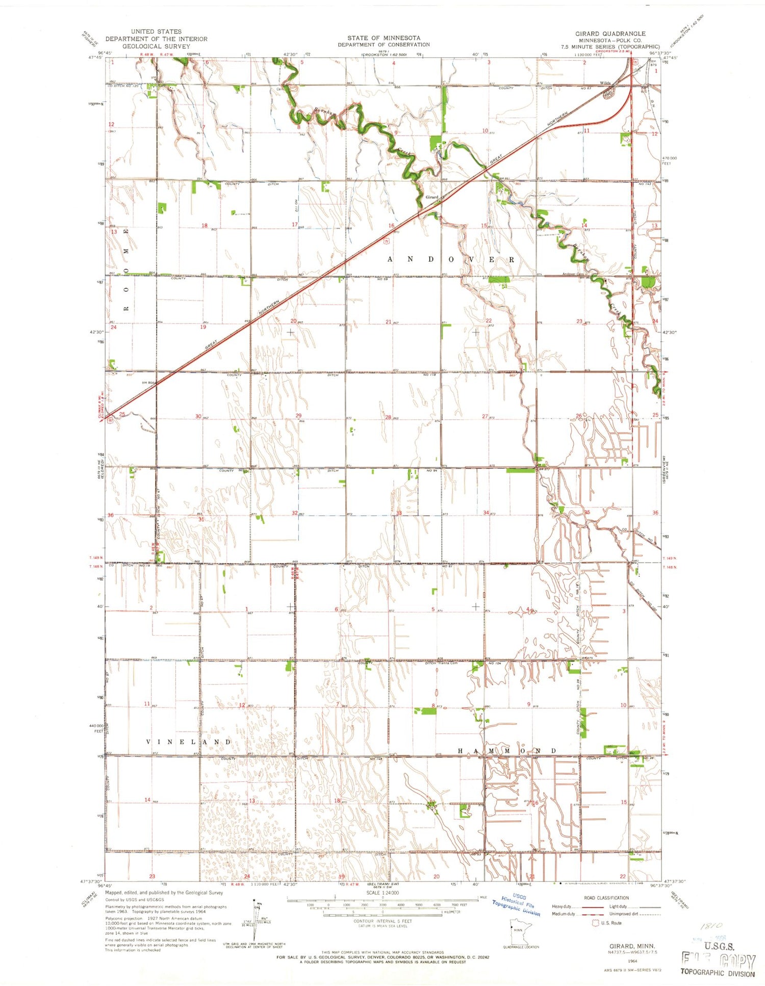Classic USGS Girard Minnesota 7.5'x7.5' Topo Map Image