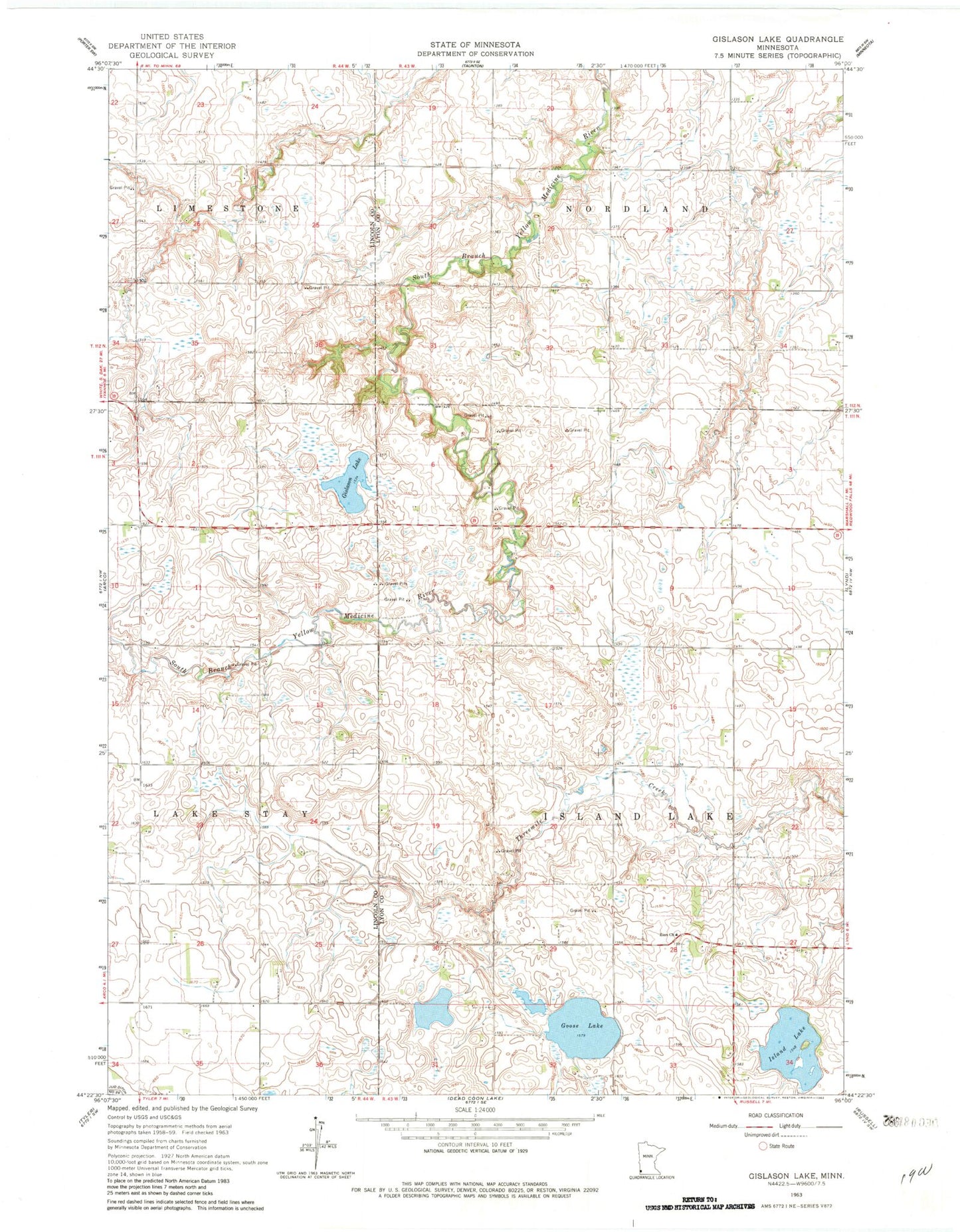Classic USGS Gislason Lake Minnesota 7.5'x7.5' Topo Map Image