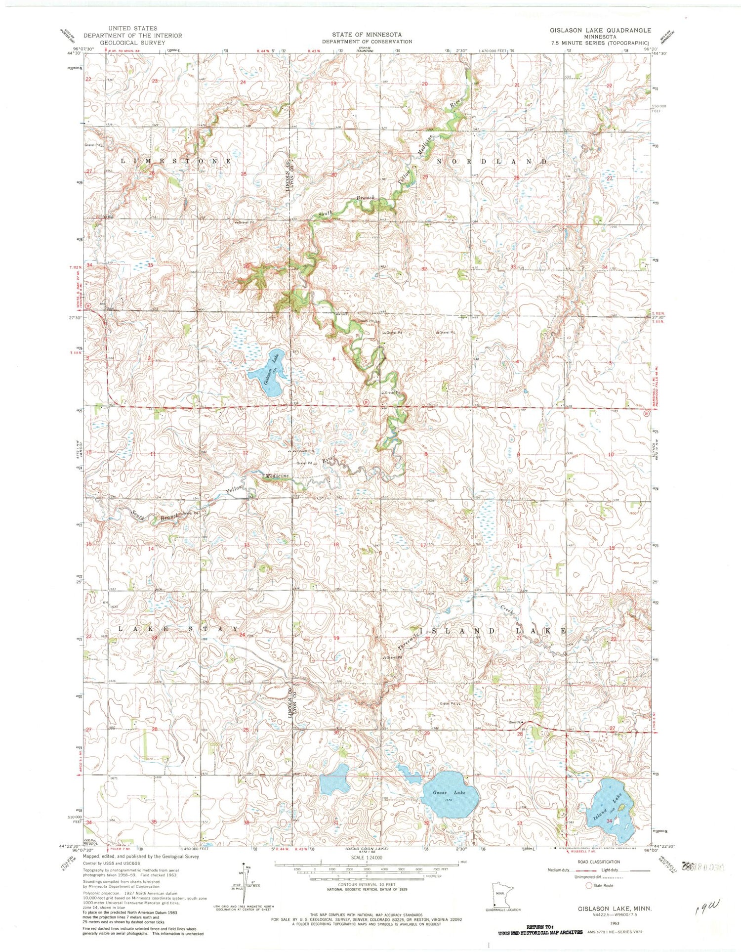Classic USGS Gislason Lake Minnesota 7.5'x7.5' Topo Map Image