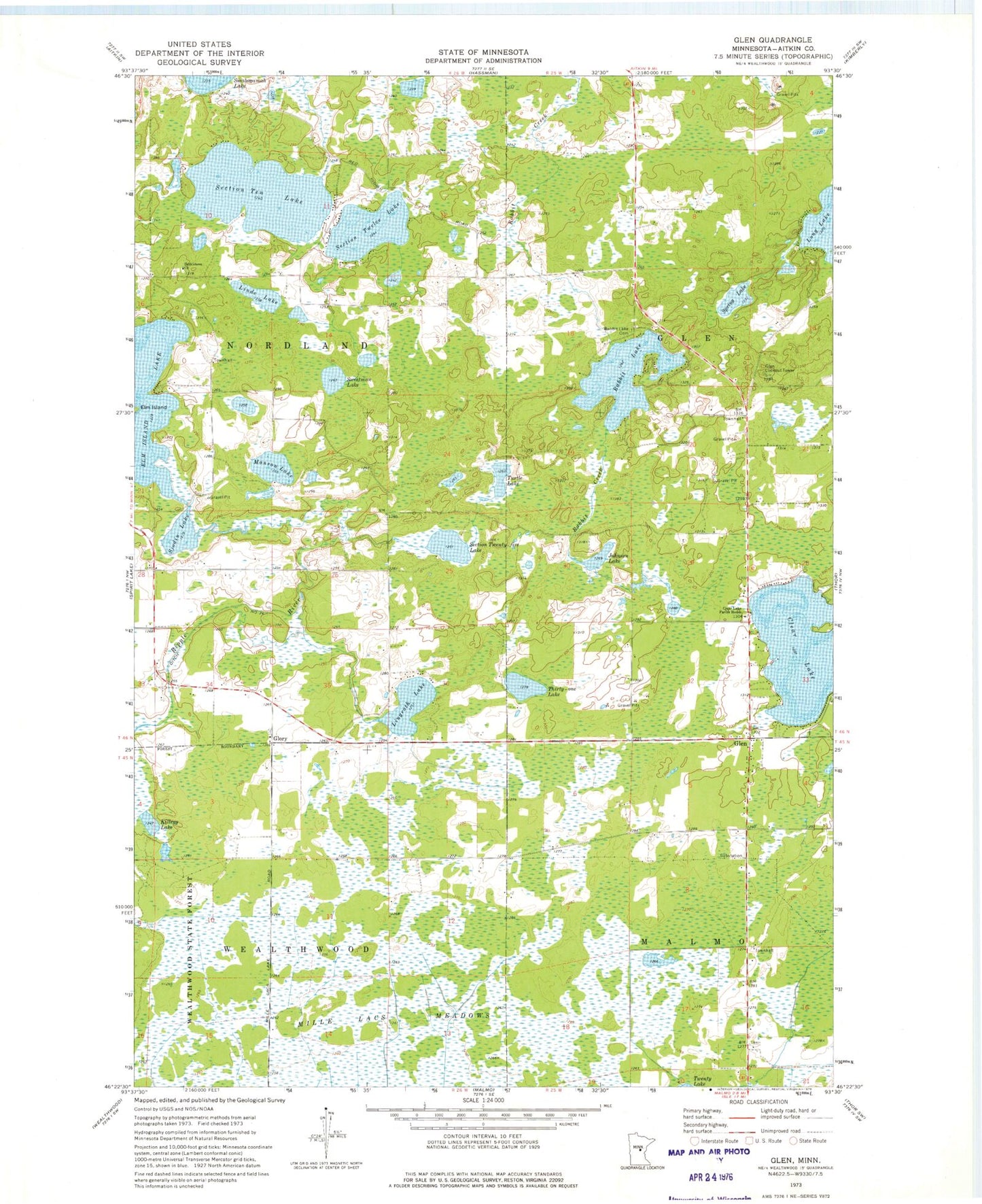Classic USGS Glen Minnesota 7.5'x7.5' Topo Map Image