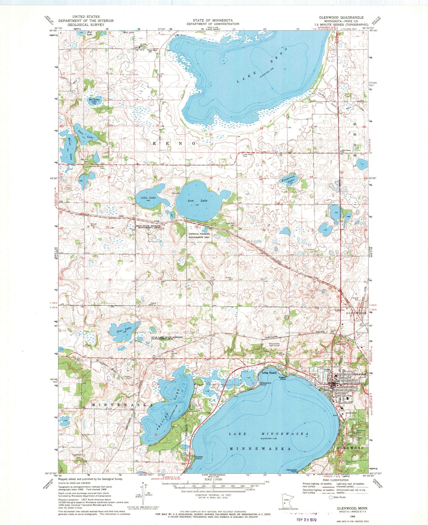 Classic USGS Glenwood Minnesota 7.5'x7.5' Topo Map Image