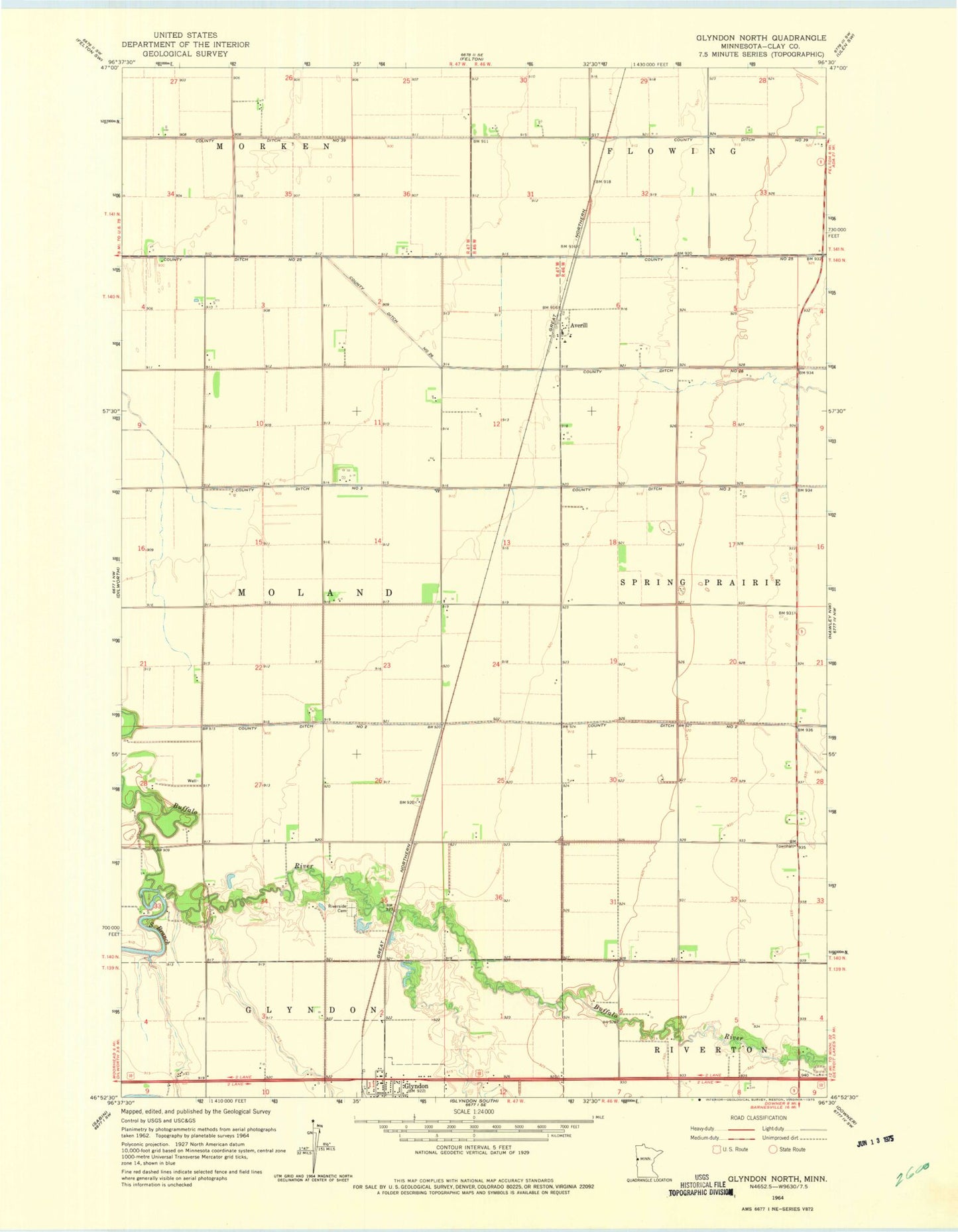 Classic USGS Glyndon North Minnesota 7.5'x7.5' Topo Map Image
