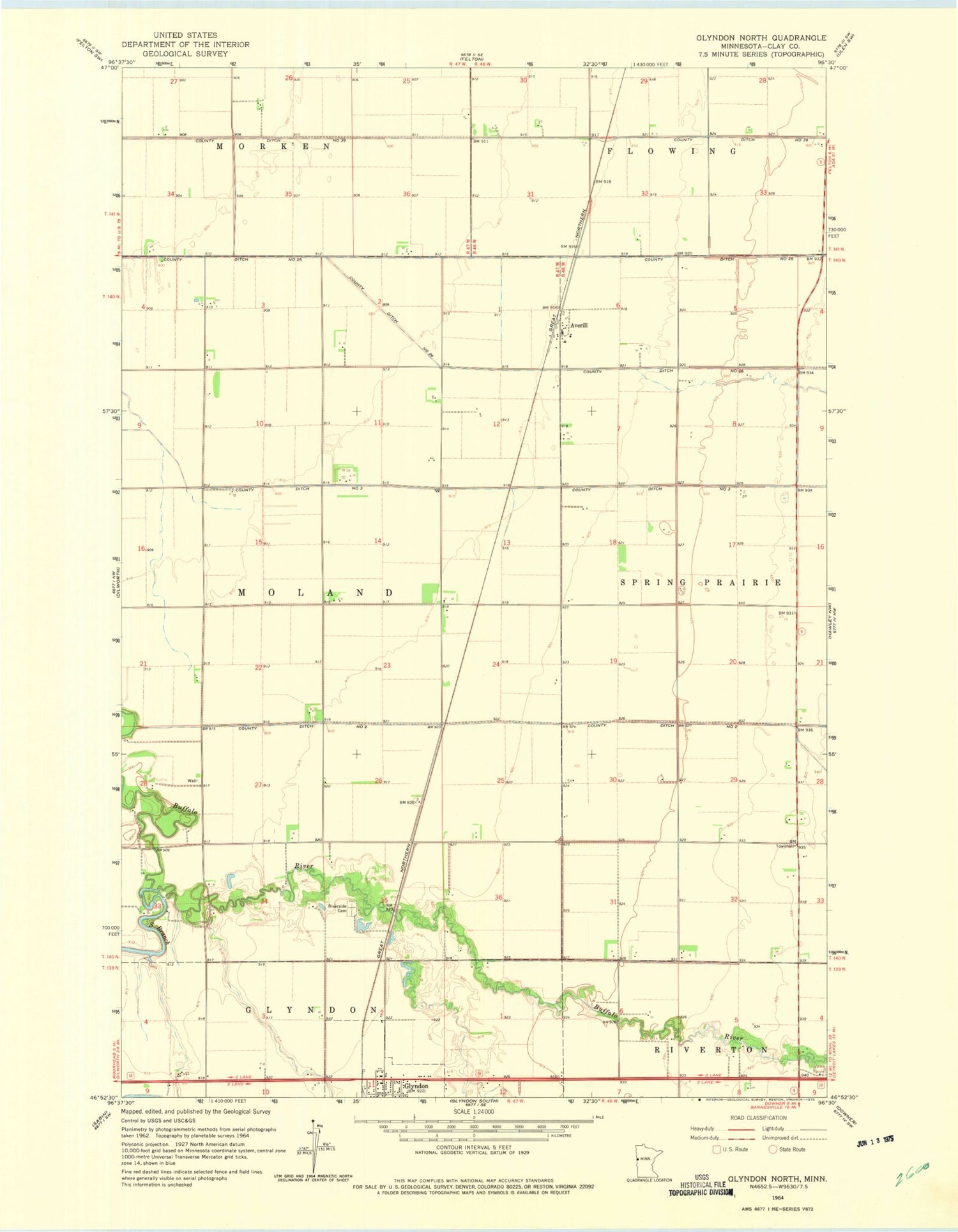 Classic USGS Glyndon North Minnesota 7.5'x7.5' Topo Map Image