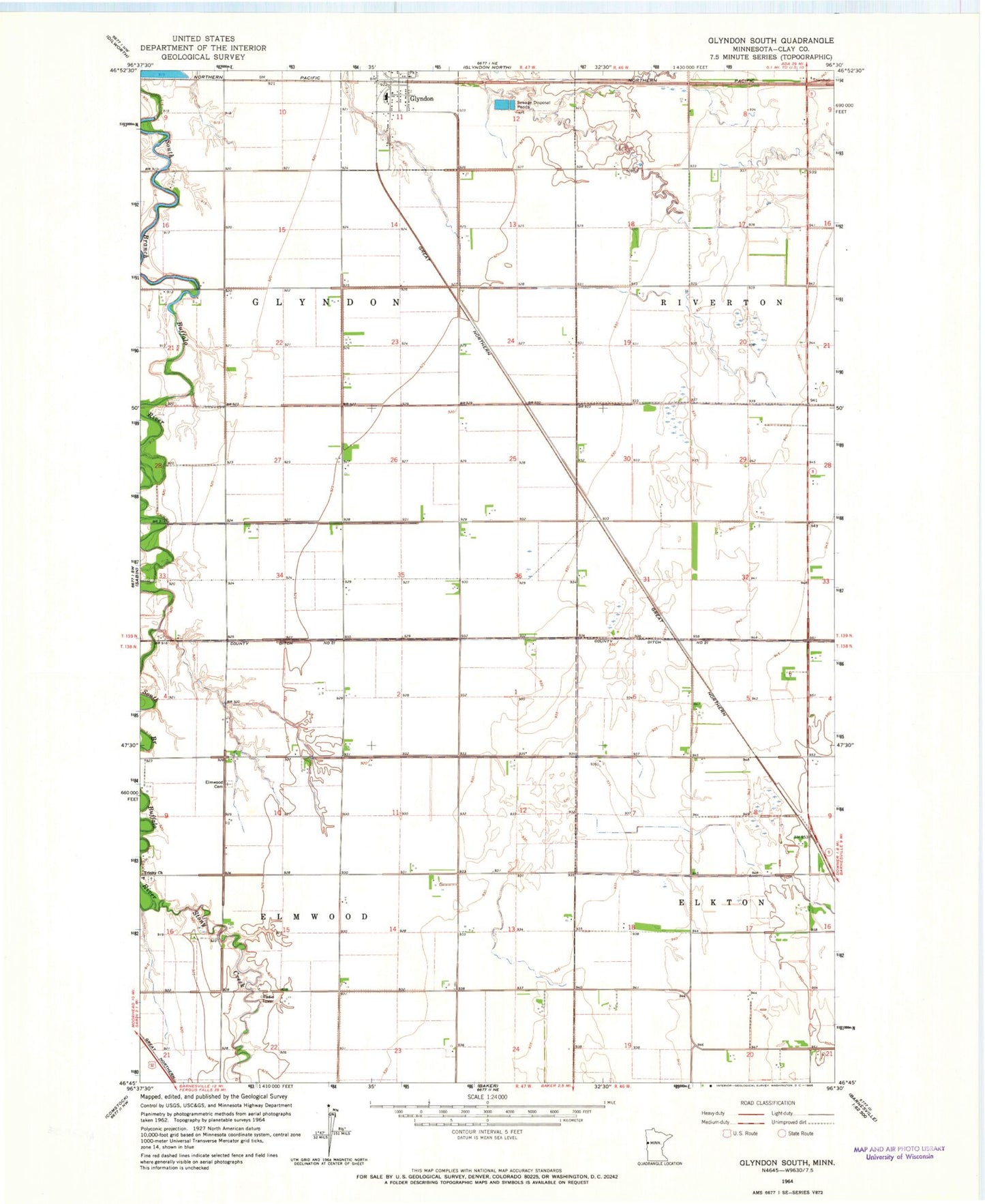 Classic USGS Glyndon South Minnesota 7.5'x7.5' Topo Map Image