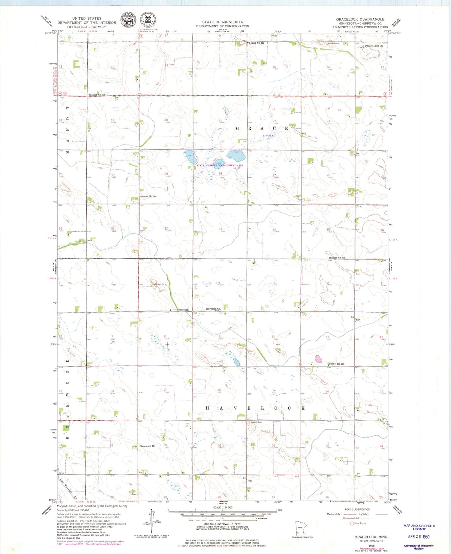 Classic USGS Gracelock Minnesota 7.5'x7.5' Topo Map Image