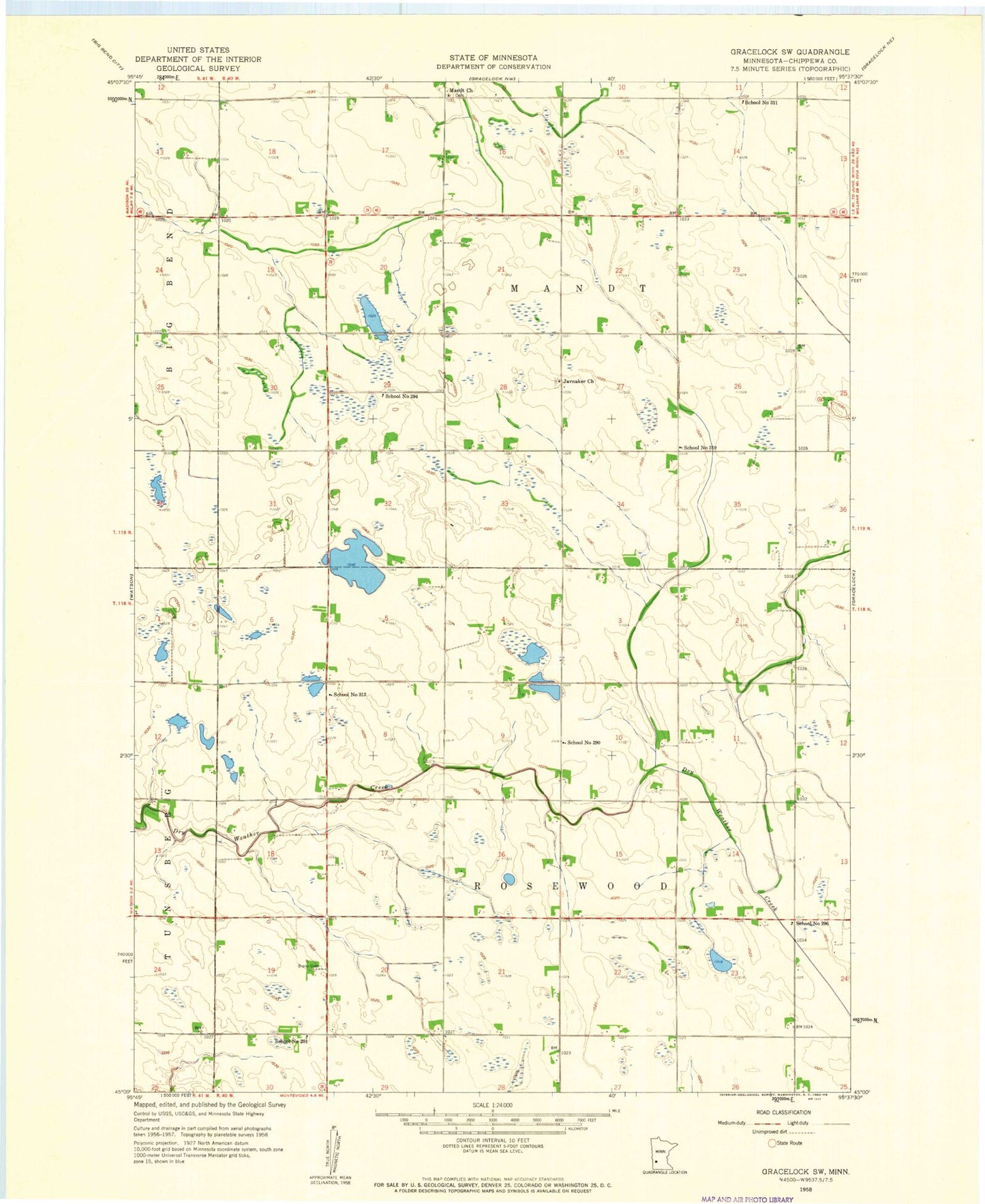 Classic USGS Gracelock SW Minnesota 7.5'x7.5' Topo Map Image