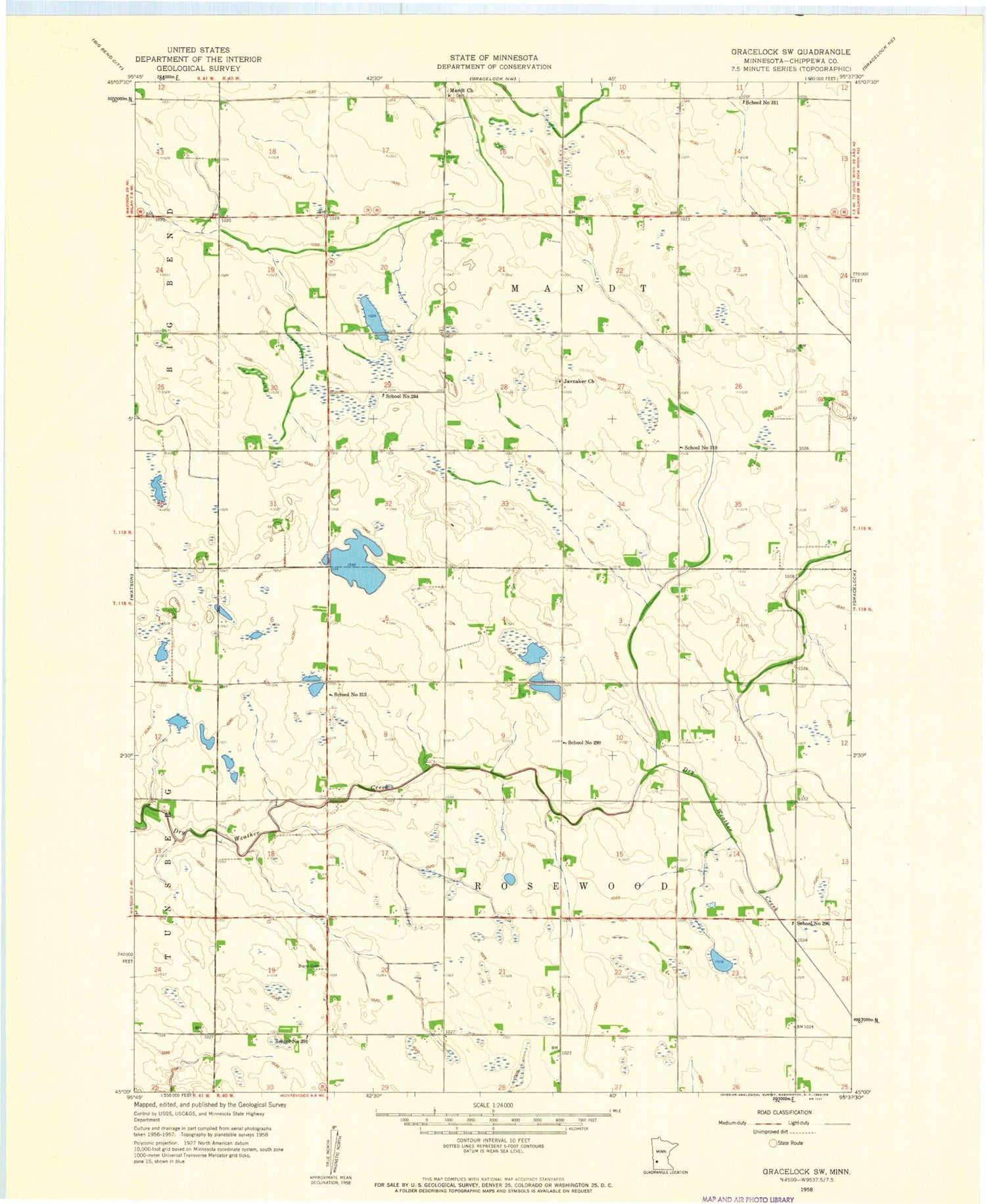 Classic USGS Gracelock SW Minnesota 7.5'x7.5' Topo Map Image