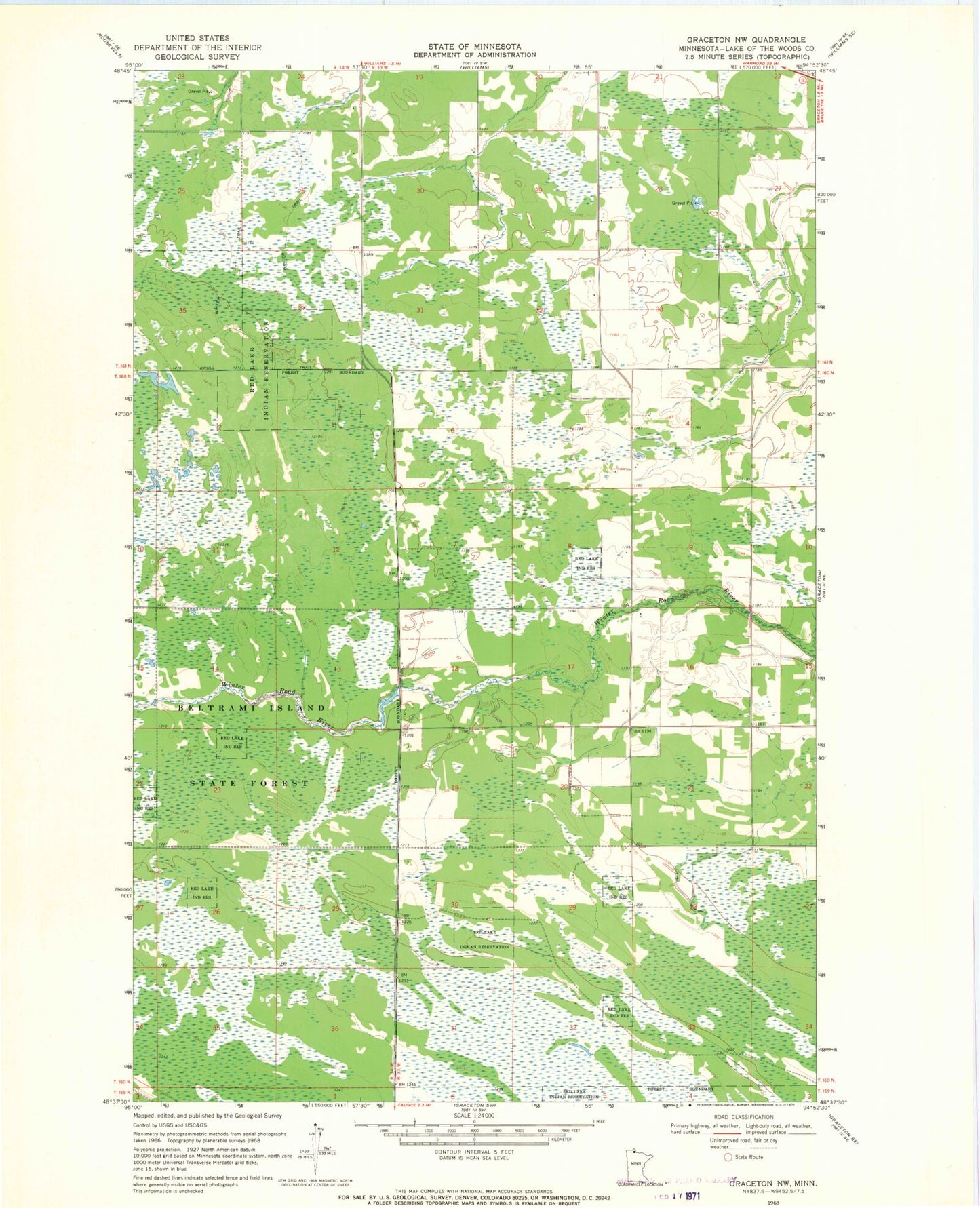 Classic USGS Graceton NW Minnesota 7.5'x7.5' Topo Map Image