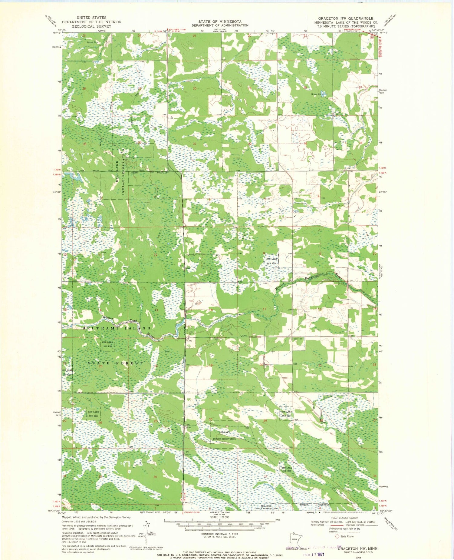 Classic USGS Graceton NW Minnesota 7.5'x7.5' Topo Map Image