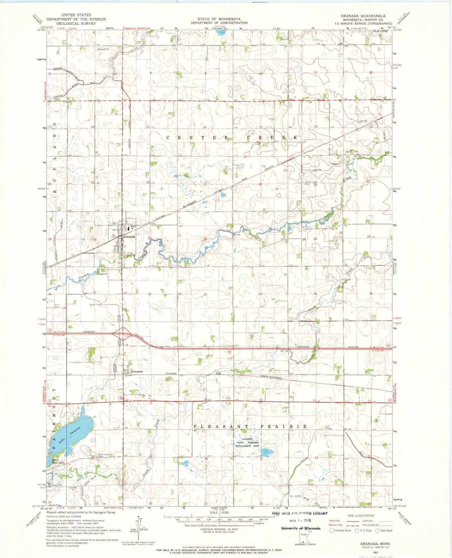 Classic USGS Granada Minnesota 7.5'x7.5' Topo Map Image