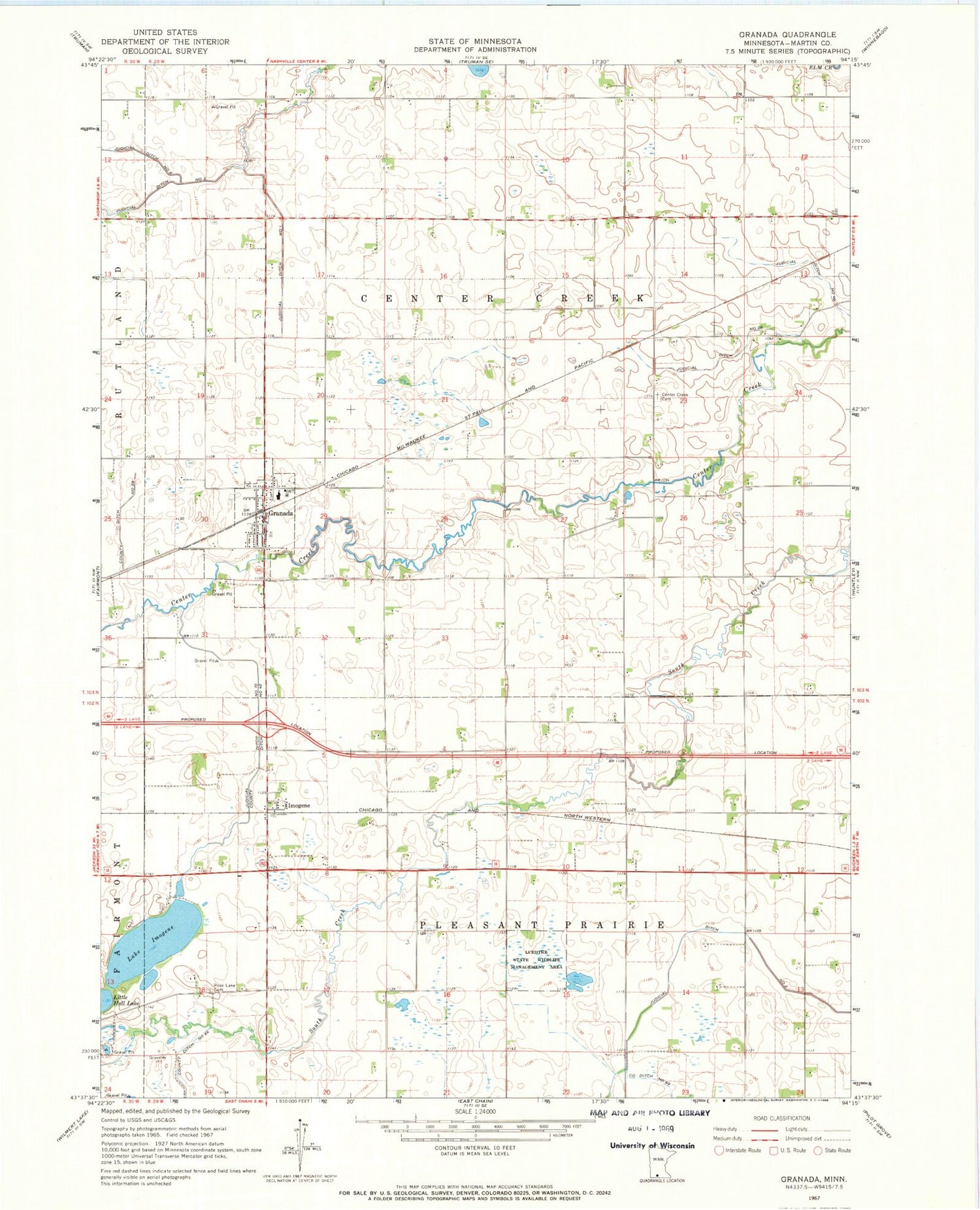 Classic USGS Granada Minnesota 7.5'x7.5' Topo Map Image