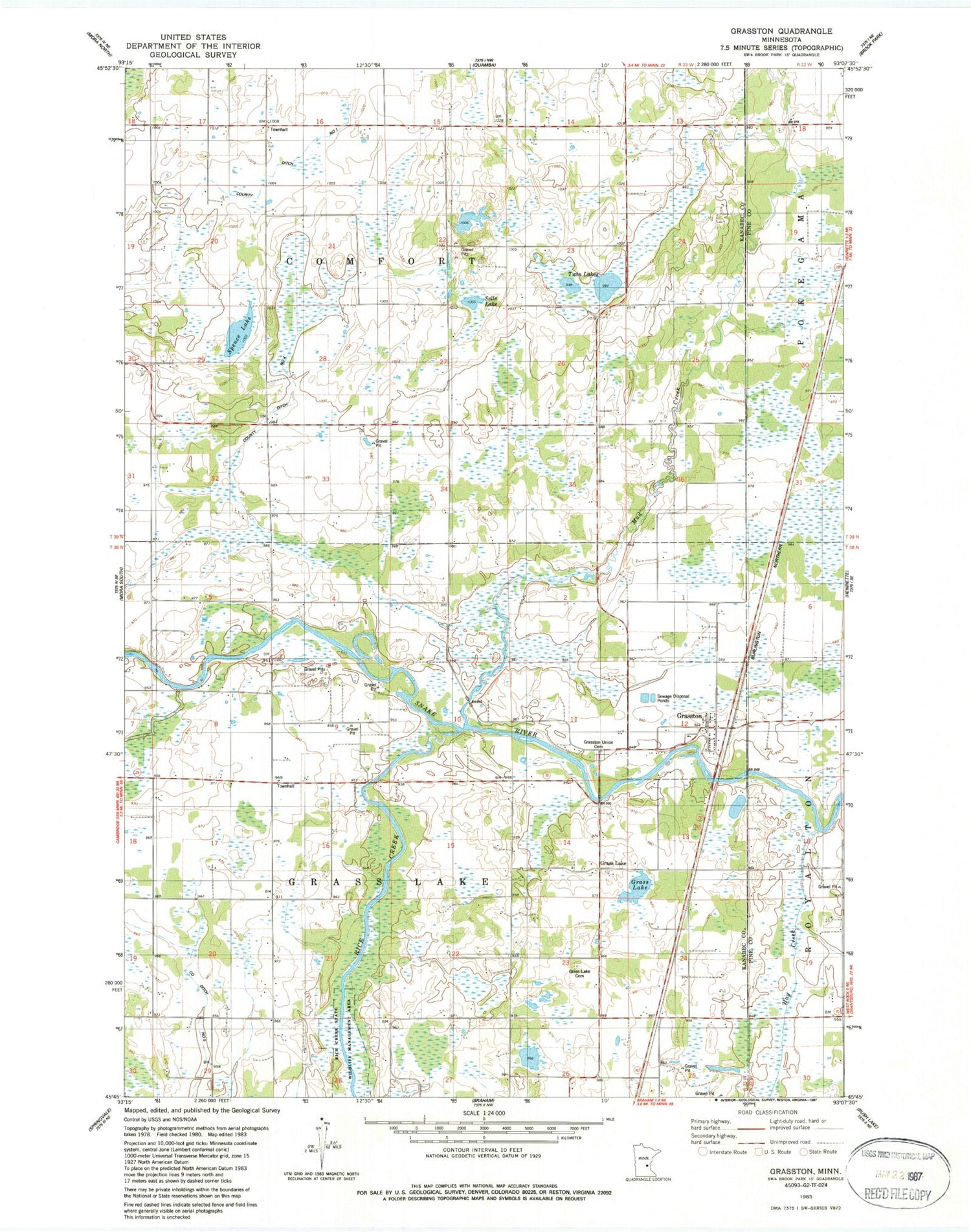 Classic USGS Grasston Minnesota 7.5'x7.5' Topo Map Image