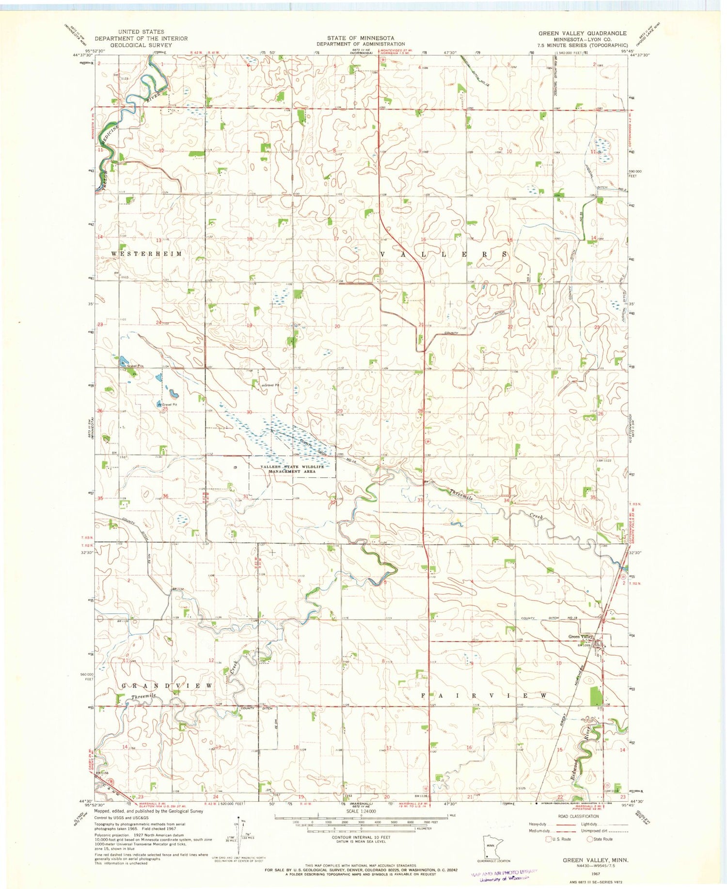 Classic USGS Green Valley Minnesota 7.5'x7.5' Topo Map Image