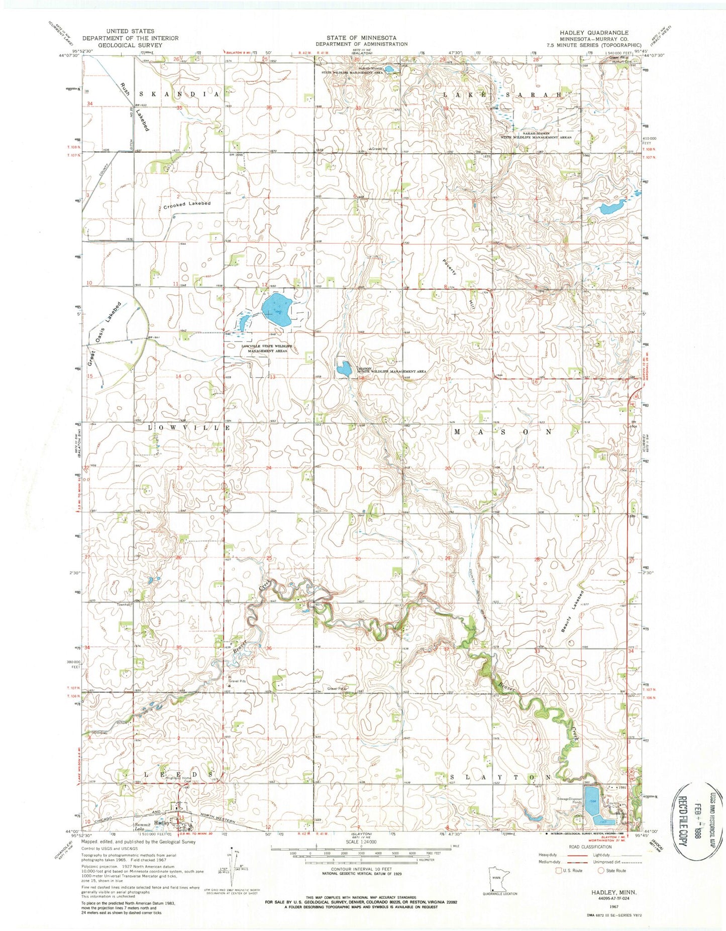 Classic USGS Hadley Minnesota 7.5'x7.5' Topo Map Image