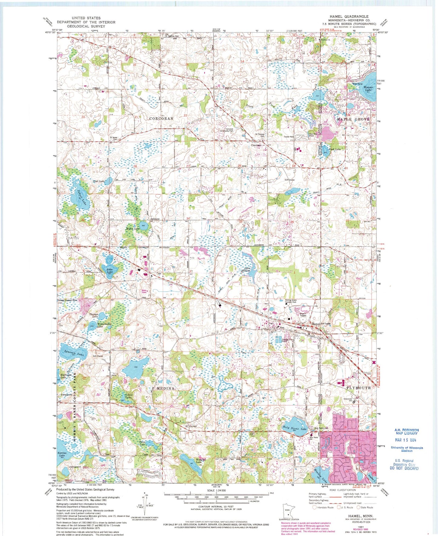 Classic USGS Hamel Minnesota 7.5'x7.5' Topo Map Image