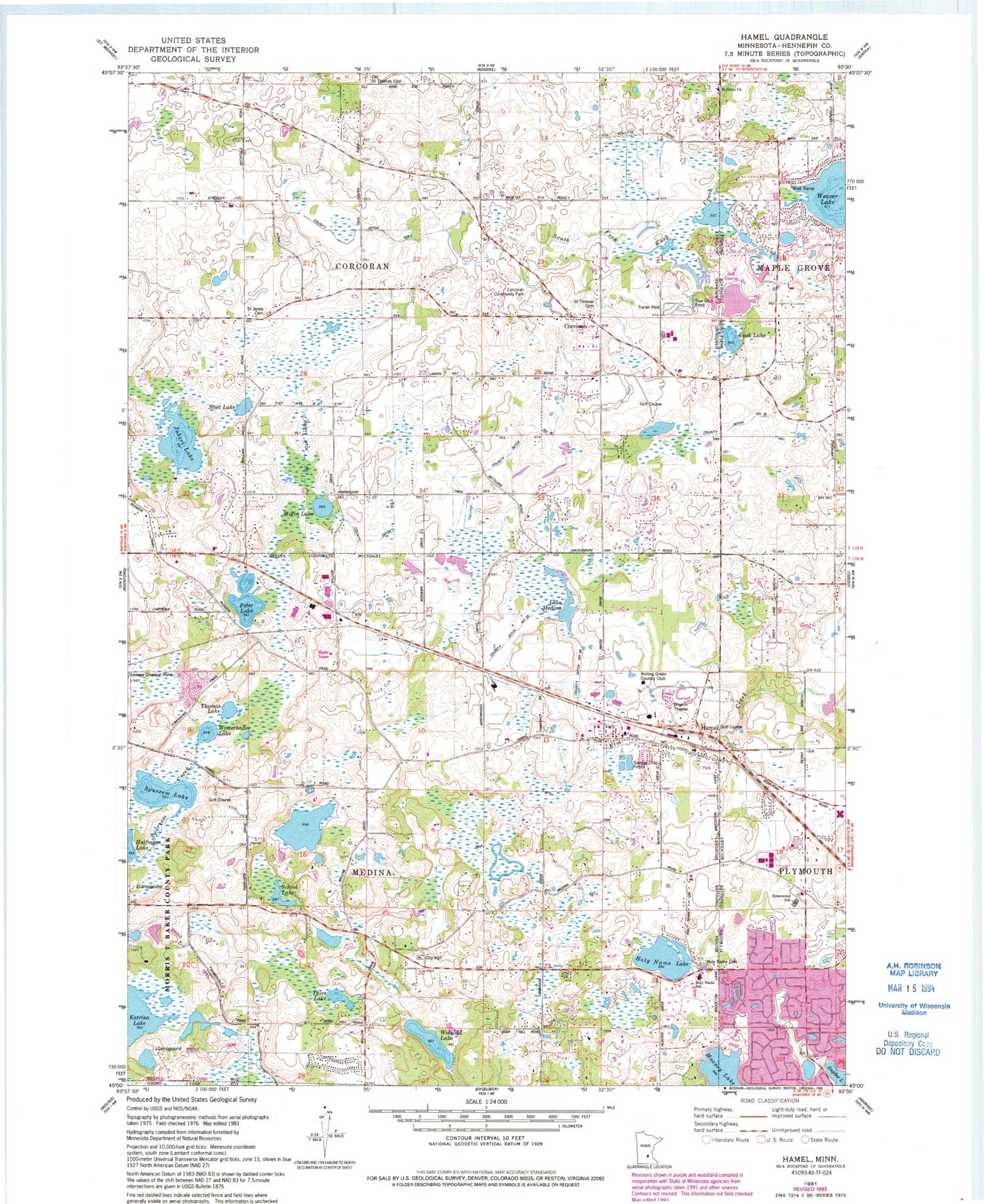 Classic USGS Hamel Minnesota 7.5'x7.5' Topo Map Image