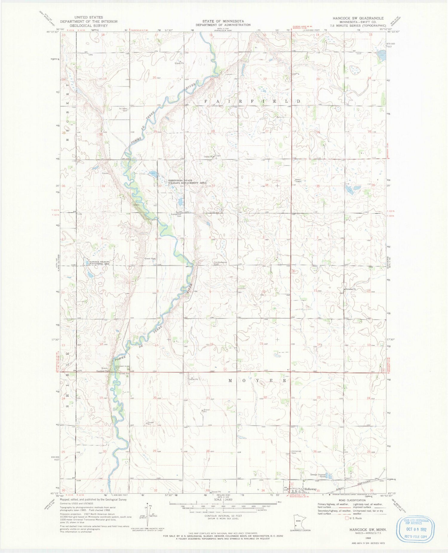 Classic USGS Hancock SW Minnesota 7.5'x7.5' Topo Map Image