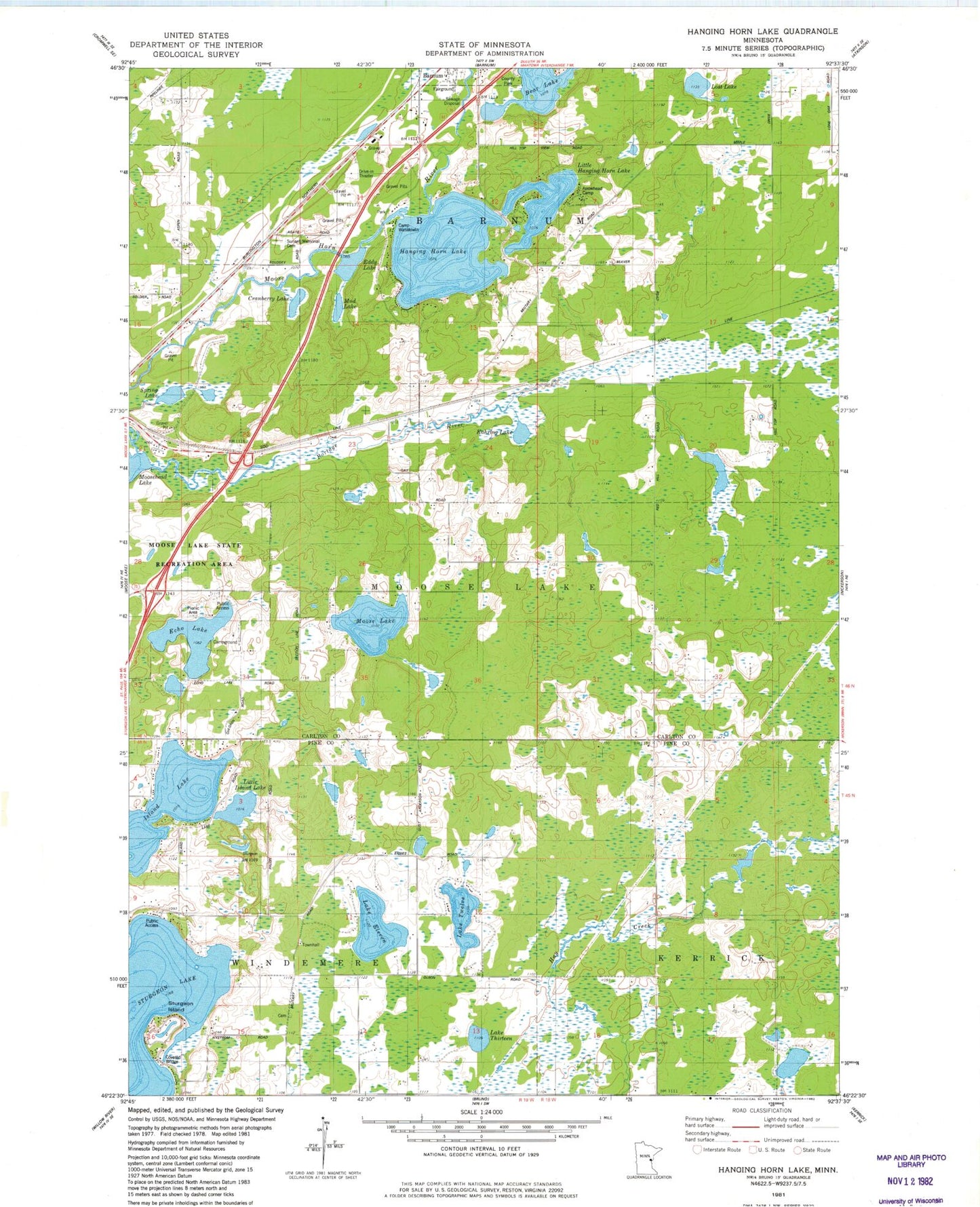 Classic USGS Hanging Horn Lake Minnesota 7.5'x7.5' Topo Map Image