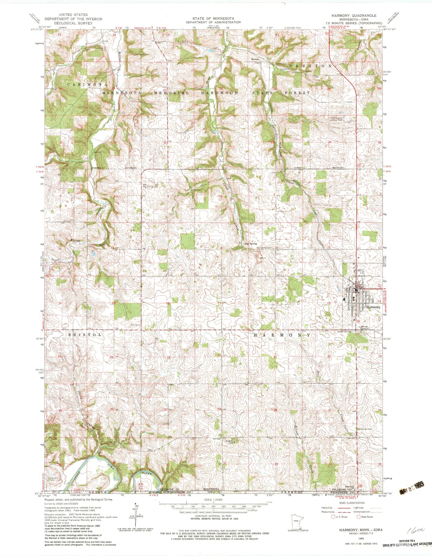 Classic USGS Harmony Minnesota 7.5'x7.5' Topo Map Image