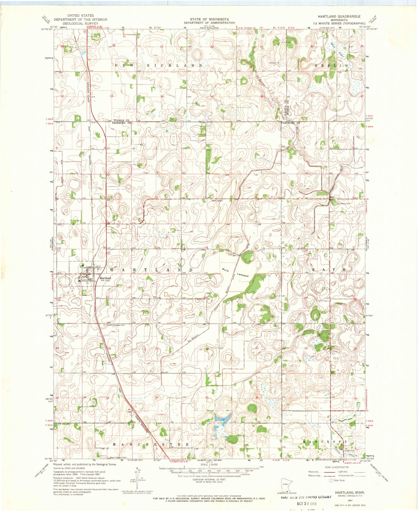 Classic USGS Hartland Minnesota 7.5'x7.5' Topo Map Image