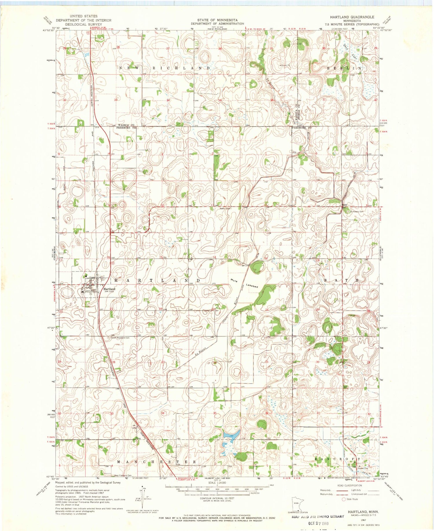 Classic USGS Hartland Minnesota 7.5'x7.5' Topo Map Image