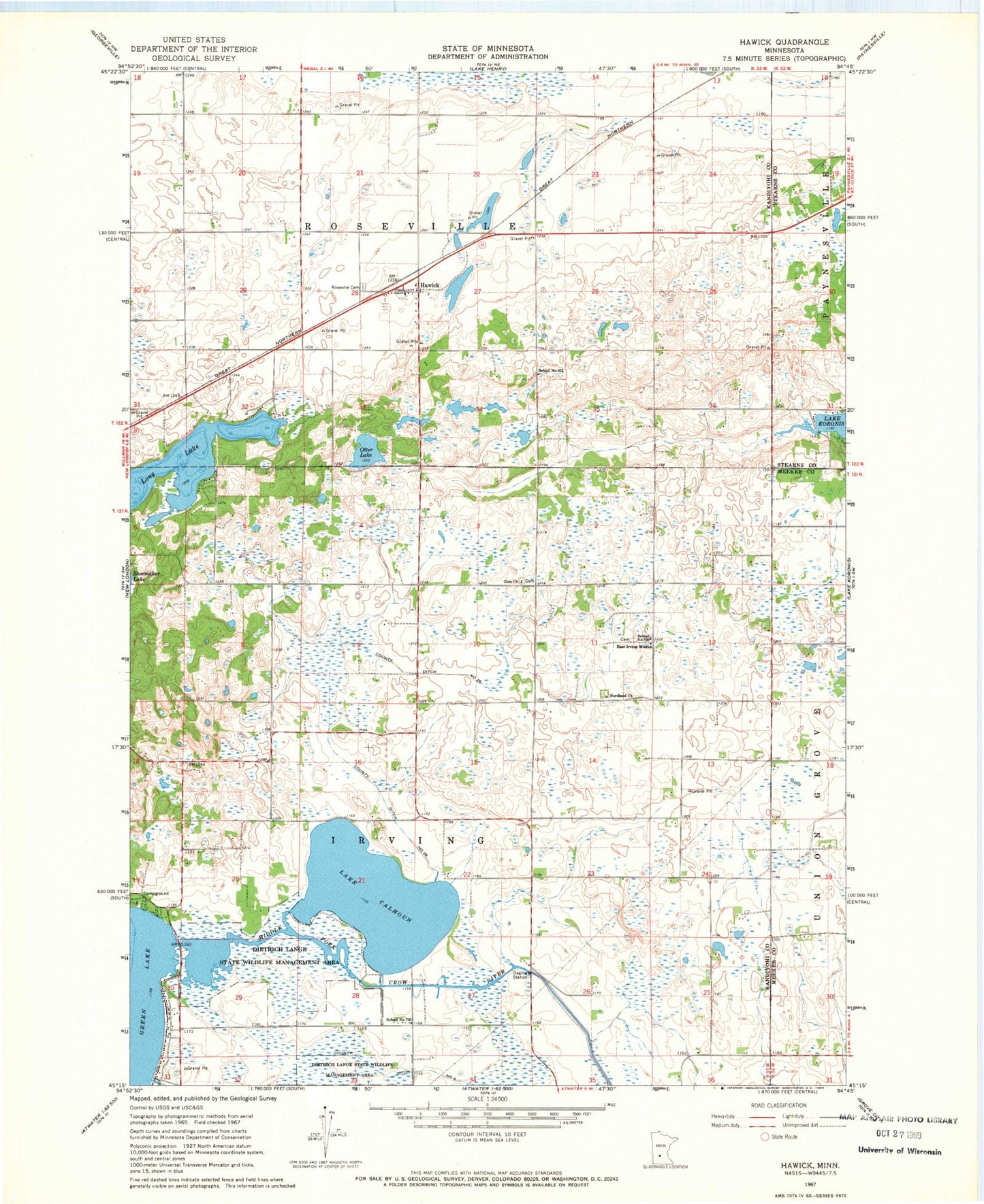 Classic USGS Hawick Minnesota 7.5'x7.5' Topo Map Image