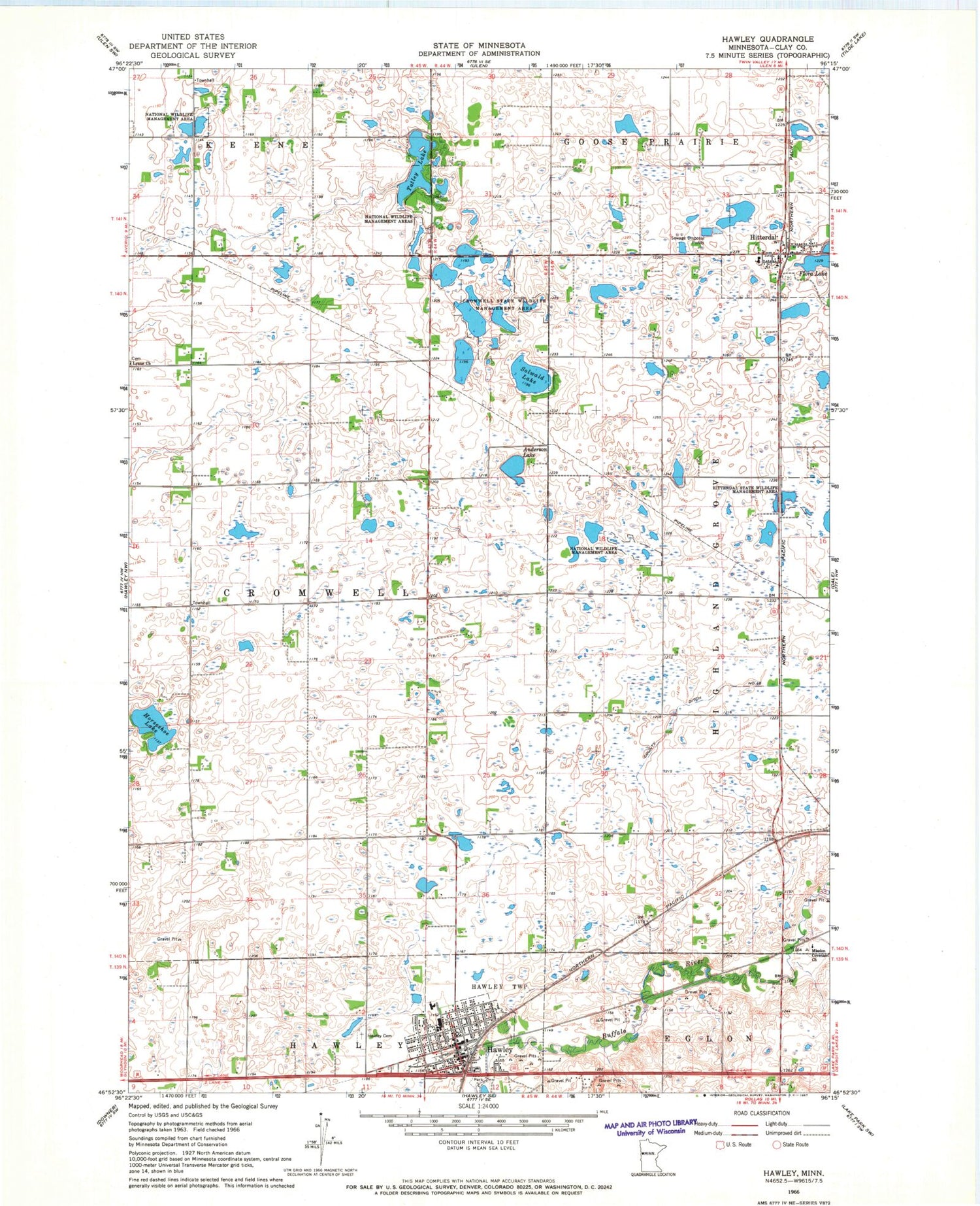 Classic USGS Hawley Minnesota 7.5'x7.5' Topo Map Image