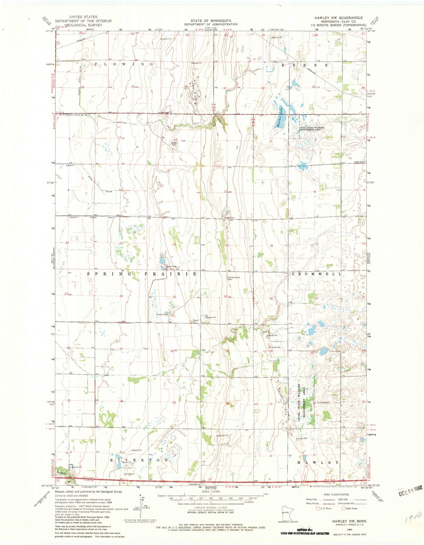 Classic USGS Hawley NW Minnesota 7.5'x7.5' Topo Map Image