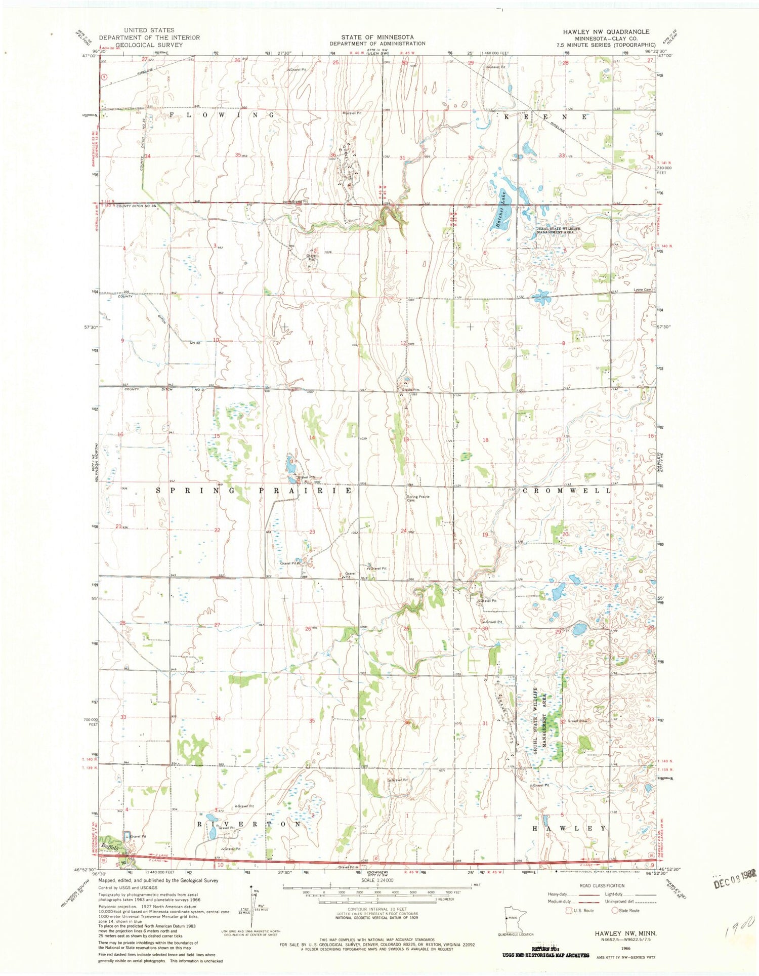 Classic USGS Hawley NW Minnesota 7.5'x7.5' Topo Map Image