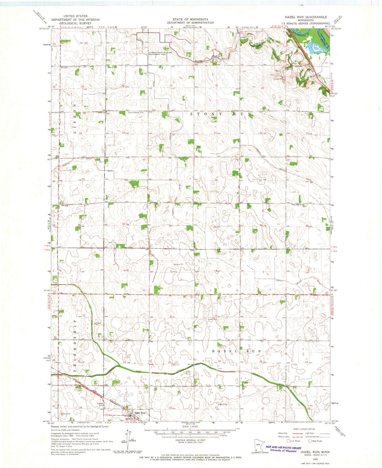 Classic USGS Hazel Run Minnesota 7.5'x7.5' Topo Map Image