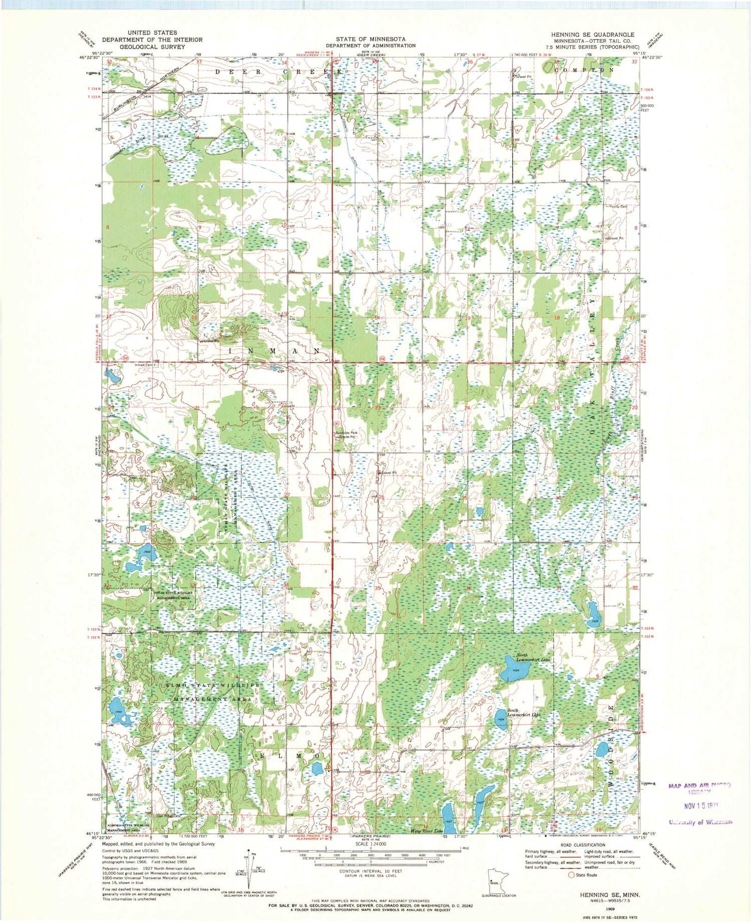 Classic USGS Henning SE Minnesota 7.5'x7.5' Topo Map Image