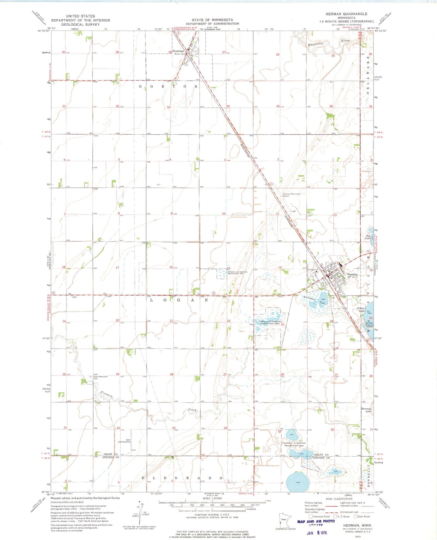 Classic USGS Herman Minnesota 7.5'x7.5' Topo Map Image