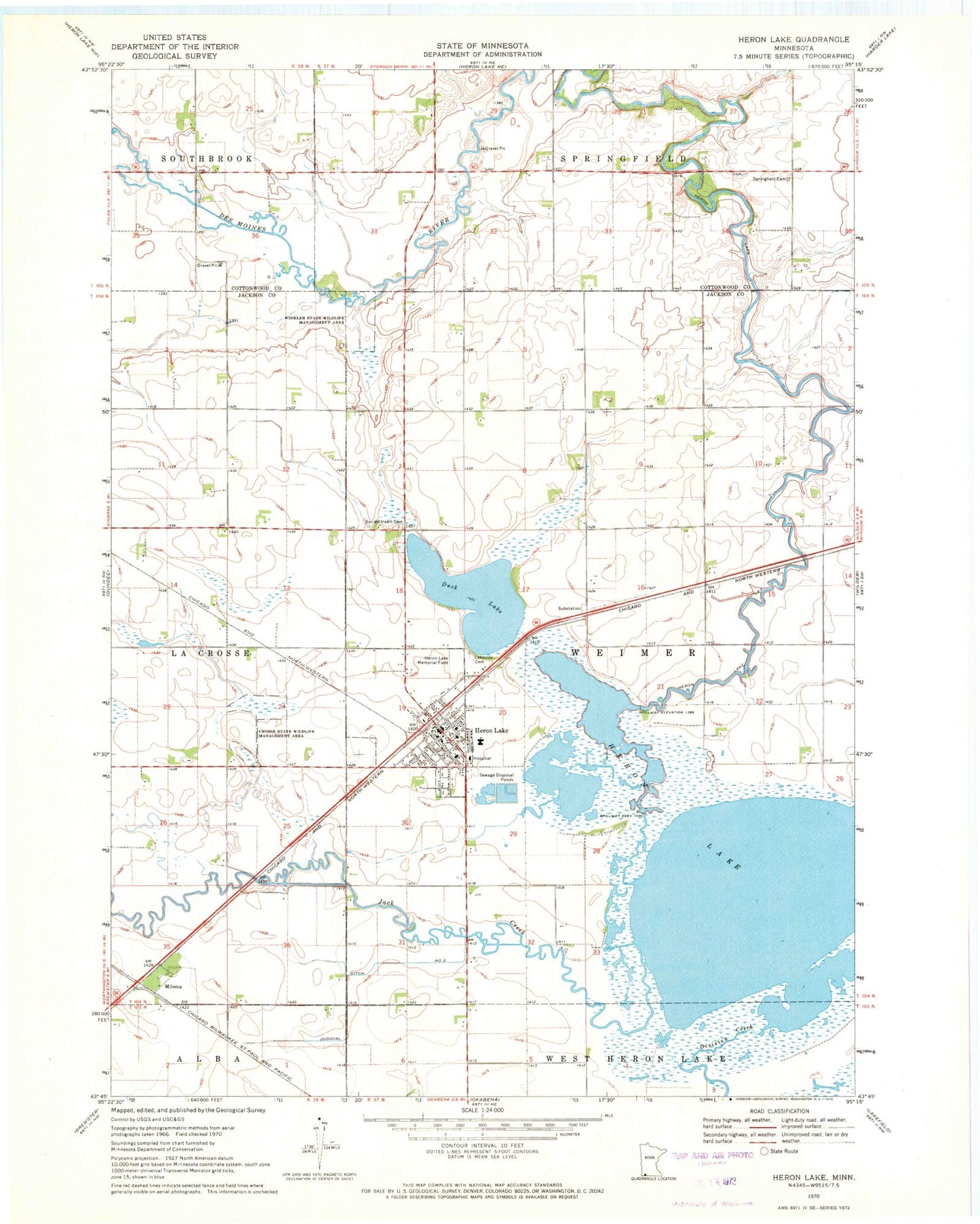 Classic USGS Heron Lake Minnesota 7.5'x7.5' Topo Map Image