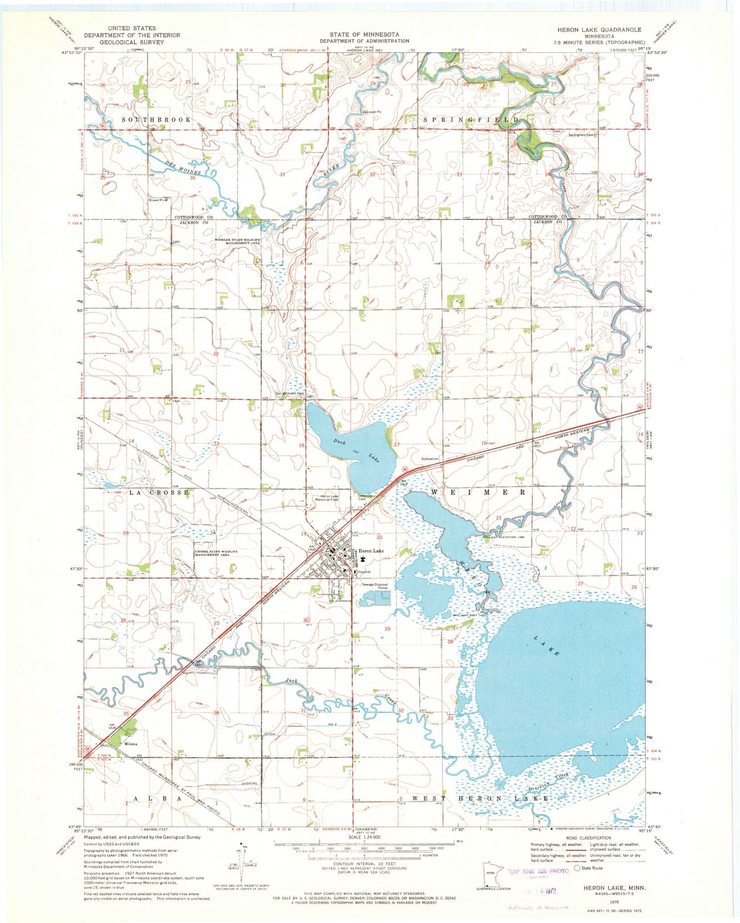 Classic USGS Heron Lake Minnesota 7.5'x7.5' Topo Map Image