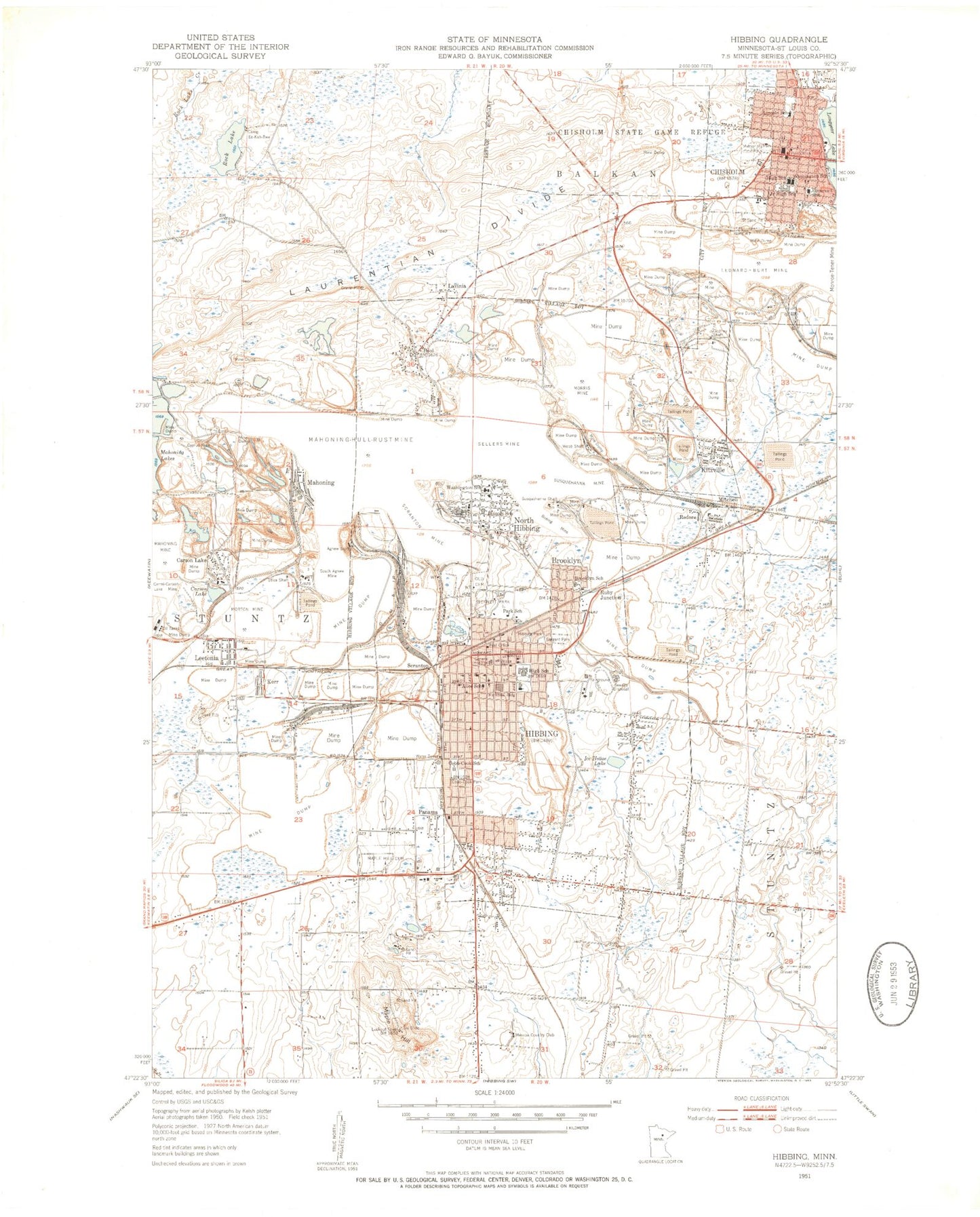 Classic USGS Hibbing Minnesota 7.5'x7.5' Topo Map Image